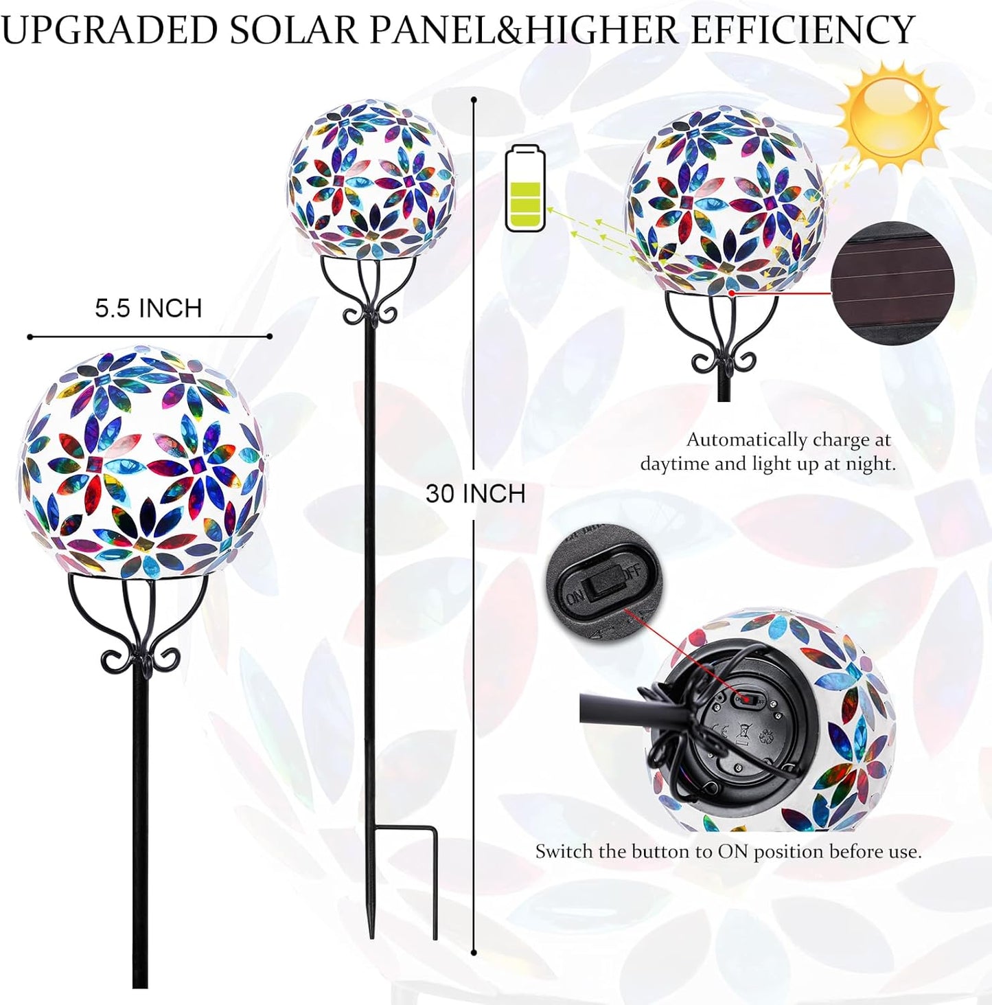VCUTEKA Solar Outdoor Lights Garden Decor Mosaic Solar Garden Lights Waterproof Glass Ball LED Pathway Stake Light for Landscape Lawn Patio Yard Decoration 6 inch, Multi