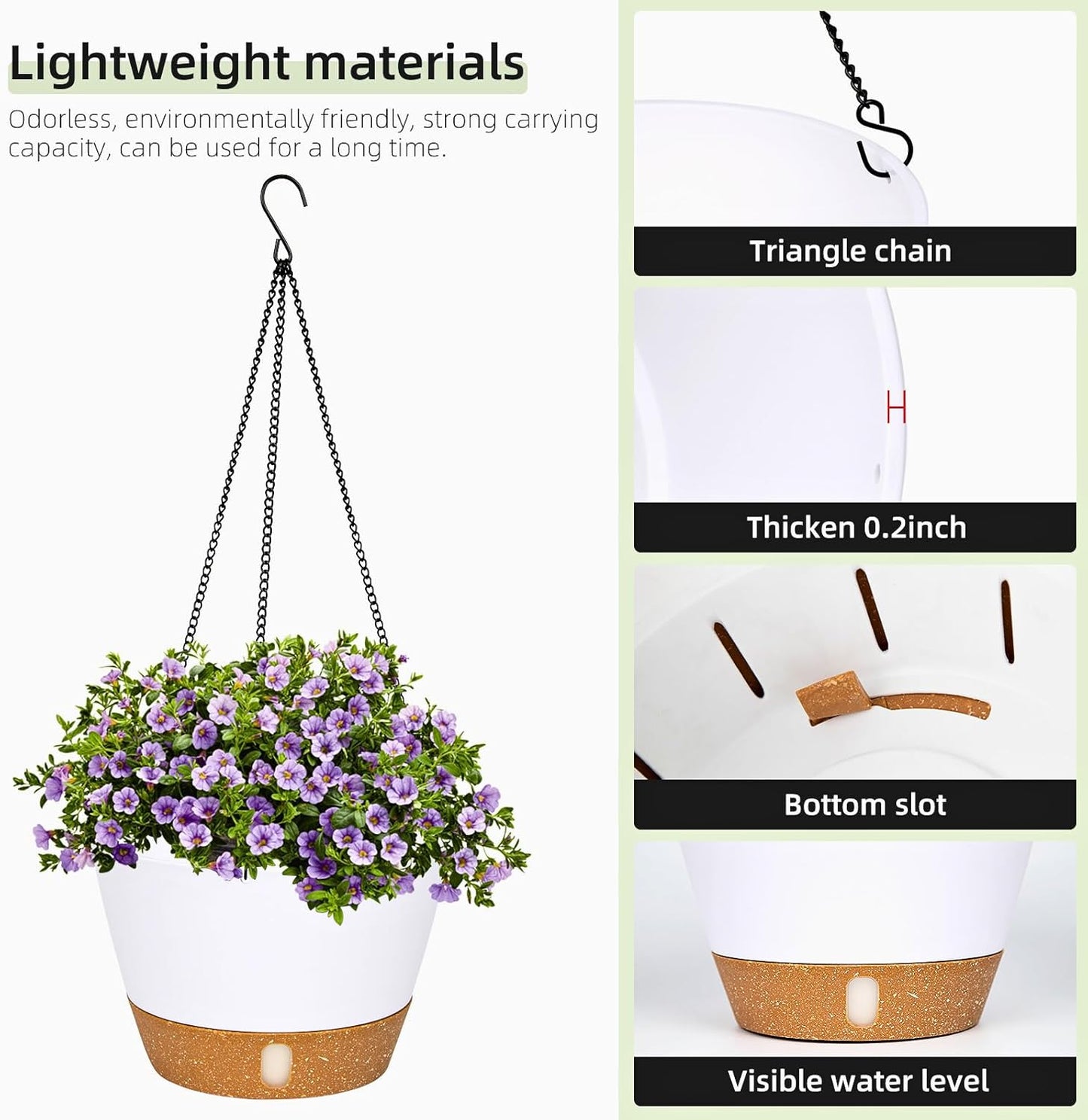 QCQHDU 2 Pack Hanging Planters for Indoor Outdoor Plants, 10 Inch Hanging Baskets Flower Pots with Reservoir Tray & Visible Water-Level