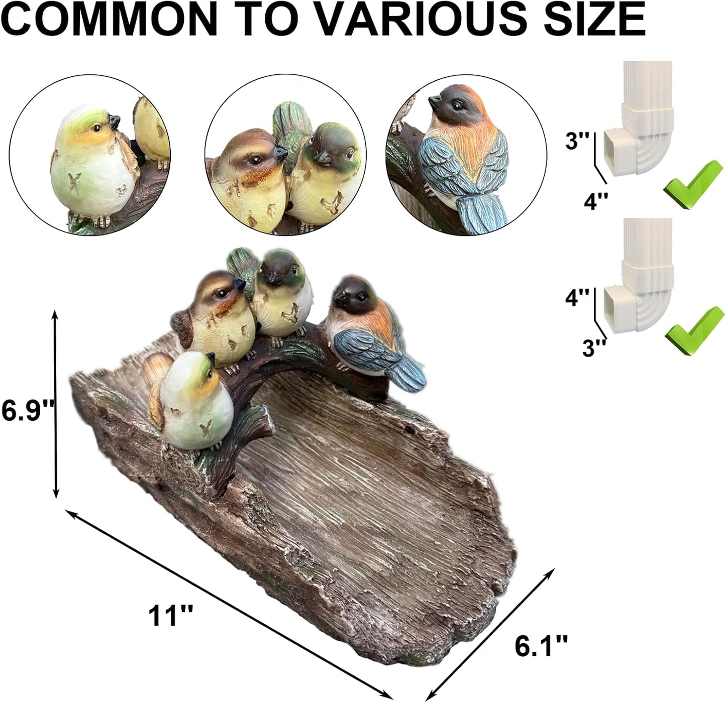 Bird Splash Block - Decorative Resin Gutter Downspout Diverter, 11” x 6.1” x 6.9”, Durable Water Flow Protector for Yard, Garden & Patio, Functional Outdoor Four Birds Statue for Rainwater Drainage