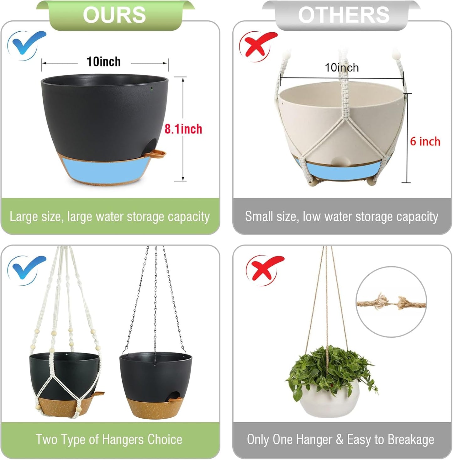 10 inch Self Watering Hanging Planters, 2 Pack Hanging Flower Pots for Indoor Outdoor Plants, Hanging Baskets with Drainage Holes & 2 Kinds of Plant Hangers for Garden Home Decor, Black Brown