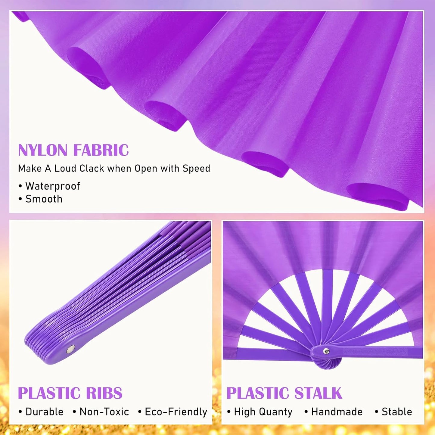 Maitys 2 Packs Large Clap Fans for Line Dancing Large Chinese Folding Hand Fans for Men and Women, Festival, Tai Ji, Kungfu, Martial Art, Gifts (Purple and Yellow)