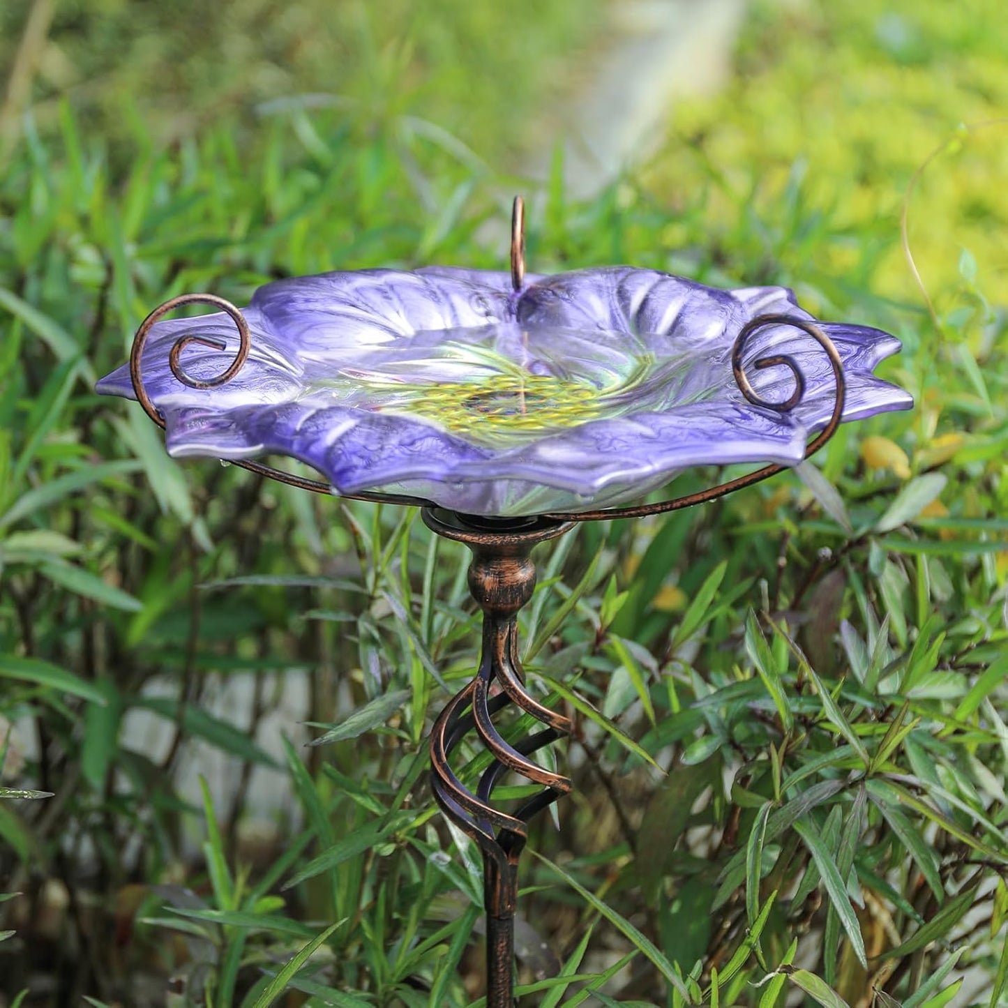 VCUTEKA Glass Bird Bath Outdoor BirdBath Bird Feeder with Metal Stake Garden Decor, Purple