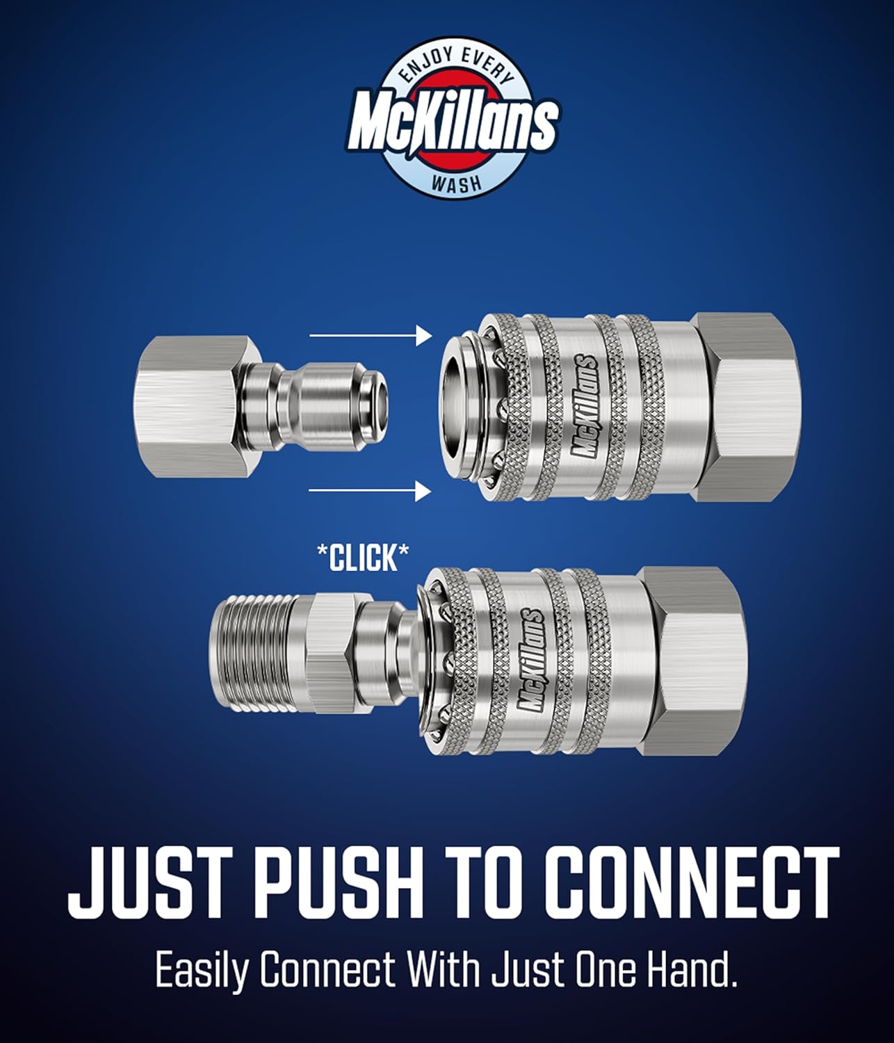 McKillans® 3/8" NPT Automatic Pressure Washer Quick Connect Kit of 4 - Stainless Steel - 3/8" Pressure Washer Quick Connect Fittings - Power Washer NPT 3/8" - PUSH-TO-CONNECT - Upgraded Viton O-Rings
