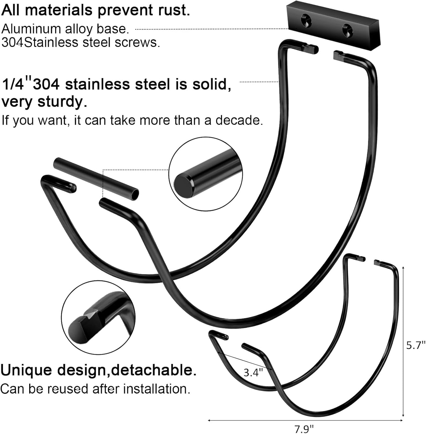 Garden Hose Holder Wall Mounted,304Stainless Steel Solid Hook Holds Up to 150Ft - Black