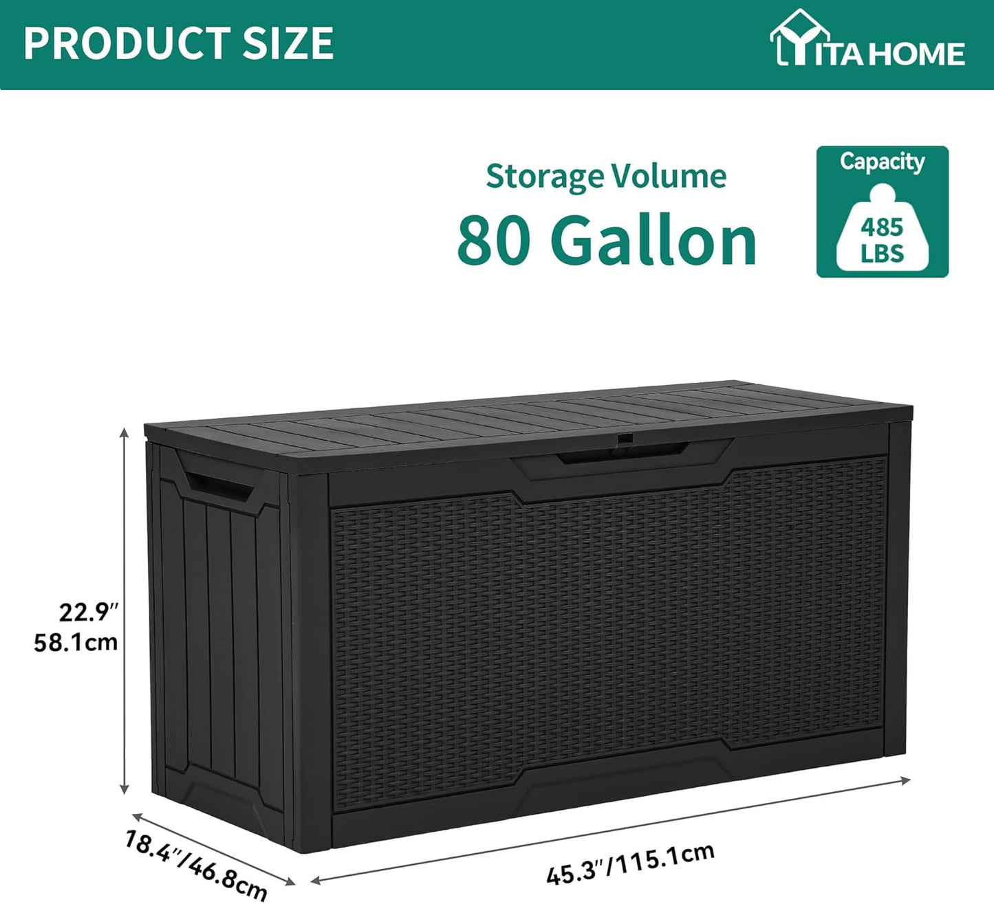 YITAHOME 80 Gallon Outdoor Storage Box, Large Water Resistant Resin Deck Box, Indoor Outdoor Lockable Rattan Storage Container for Patio, Garden, Cushions, Tools, Equipment (Black)