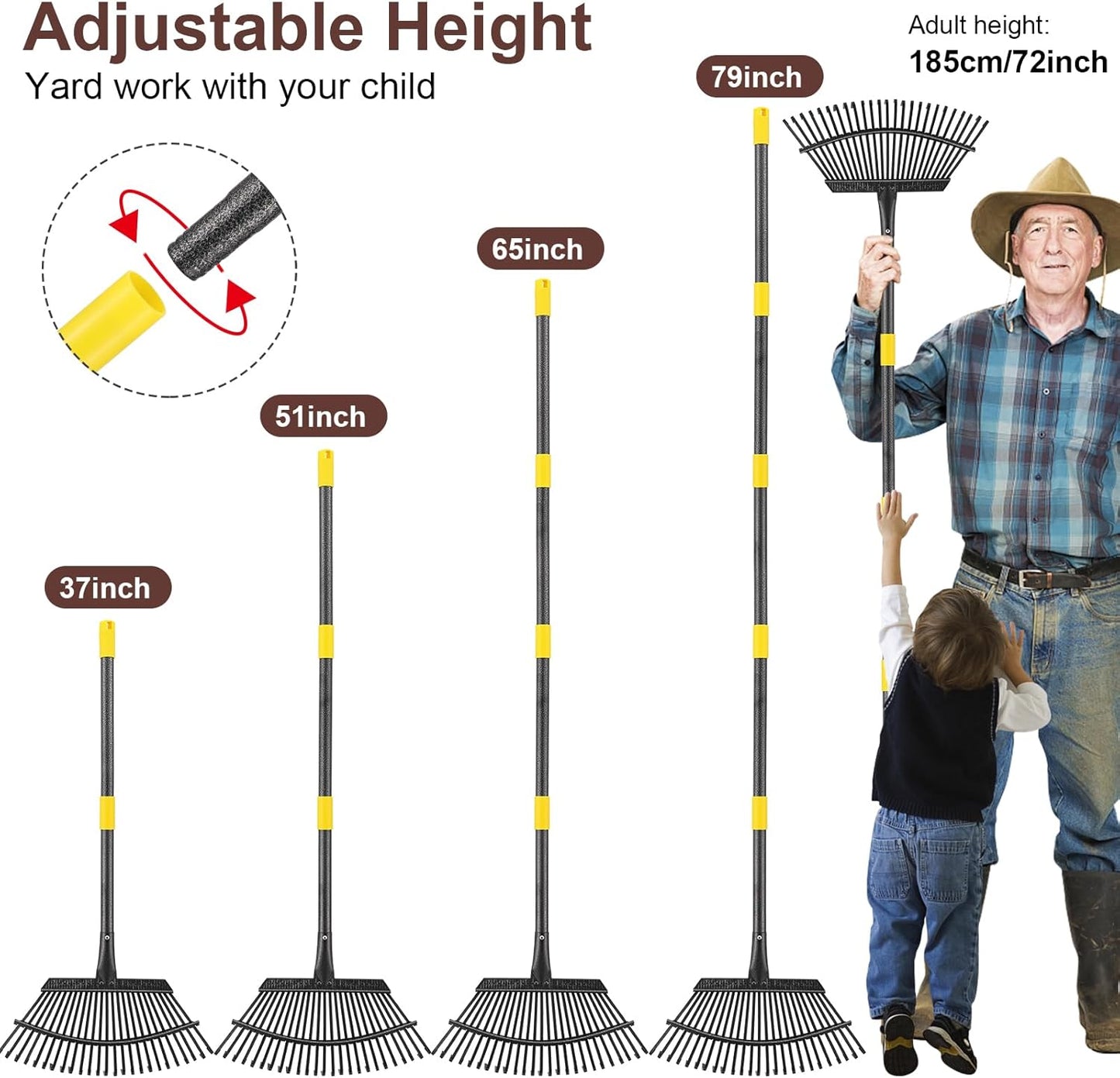 Metal Garden Rake, 5FT Rake for Leaves Lawns, 25 Metal Tines 18 inch Wide with Adjustable Handle Heavy Duty Yard Leaf Rakes for Gardening