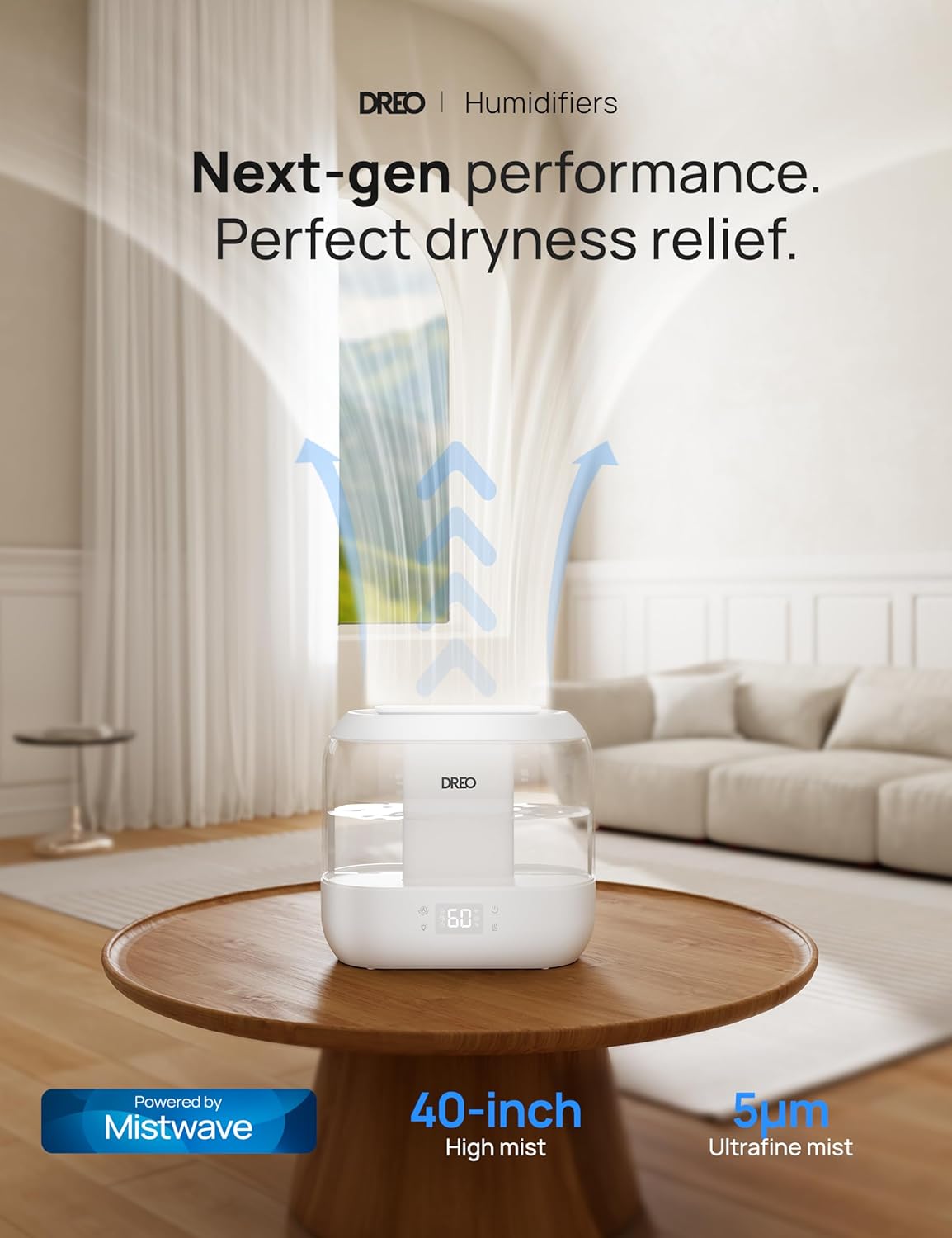 Dreo Smart Humidifier, Cool Mist Humidifiers for Bedroom, Quiet 4L Top Fill Ultrasonic Humidifiers for Home Office Plant & Baby with Nightlight, LED Display, 36H Runtime, APP/Voice Control, HM311S