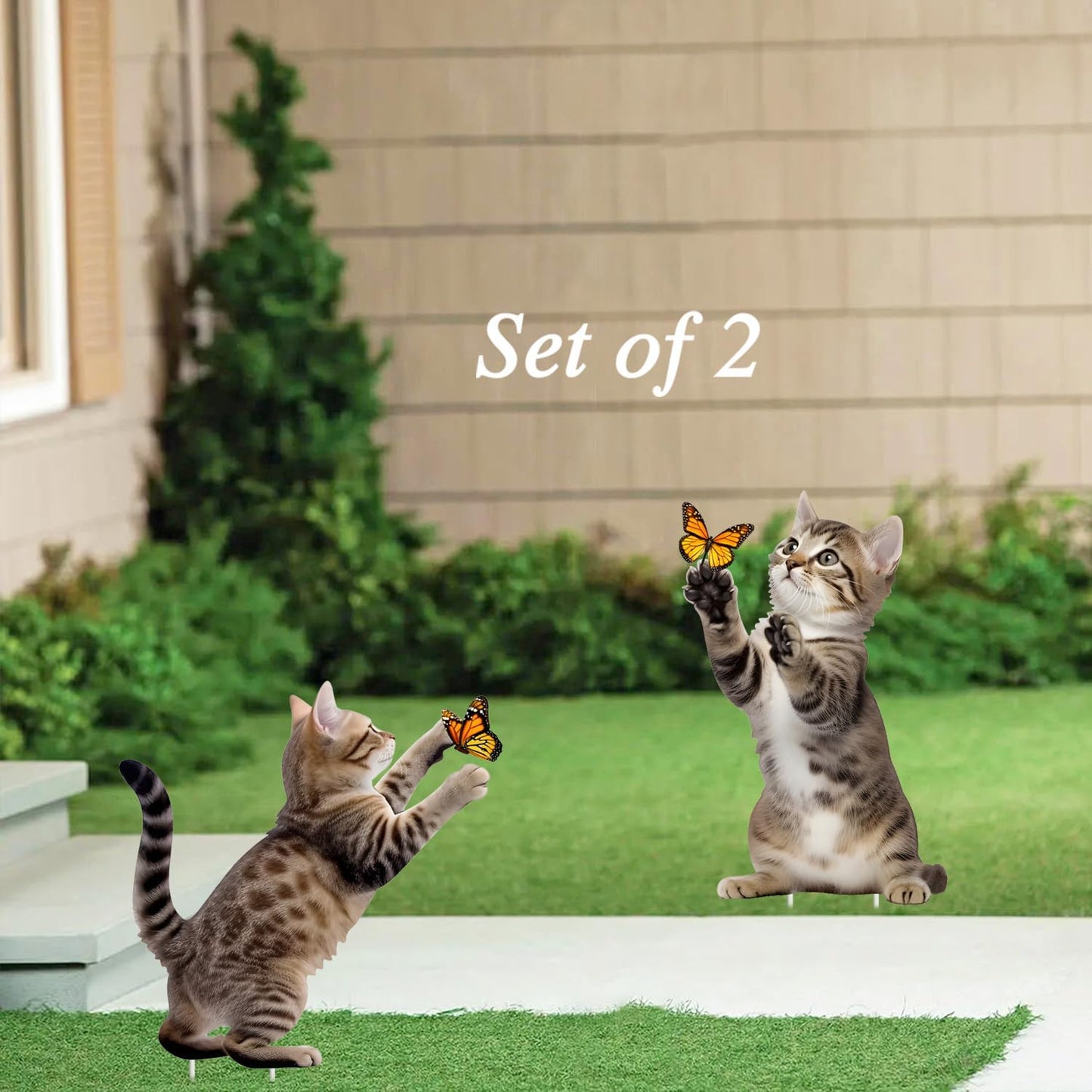 Metal Garden Stakes Decor,Cute Cats Playing with Butterflies Stakes, YGarden Statues Bird Repellent Cat Decorative Garden Stakes for Yard, Garden, Lawn Outdoor Decorations Set of 2