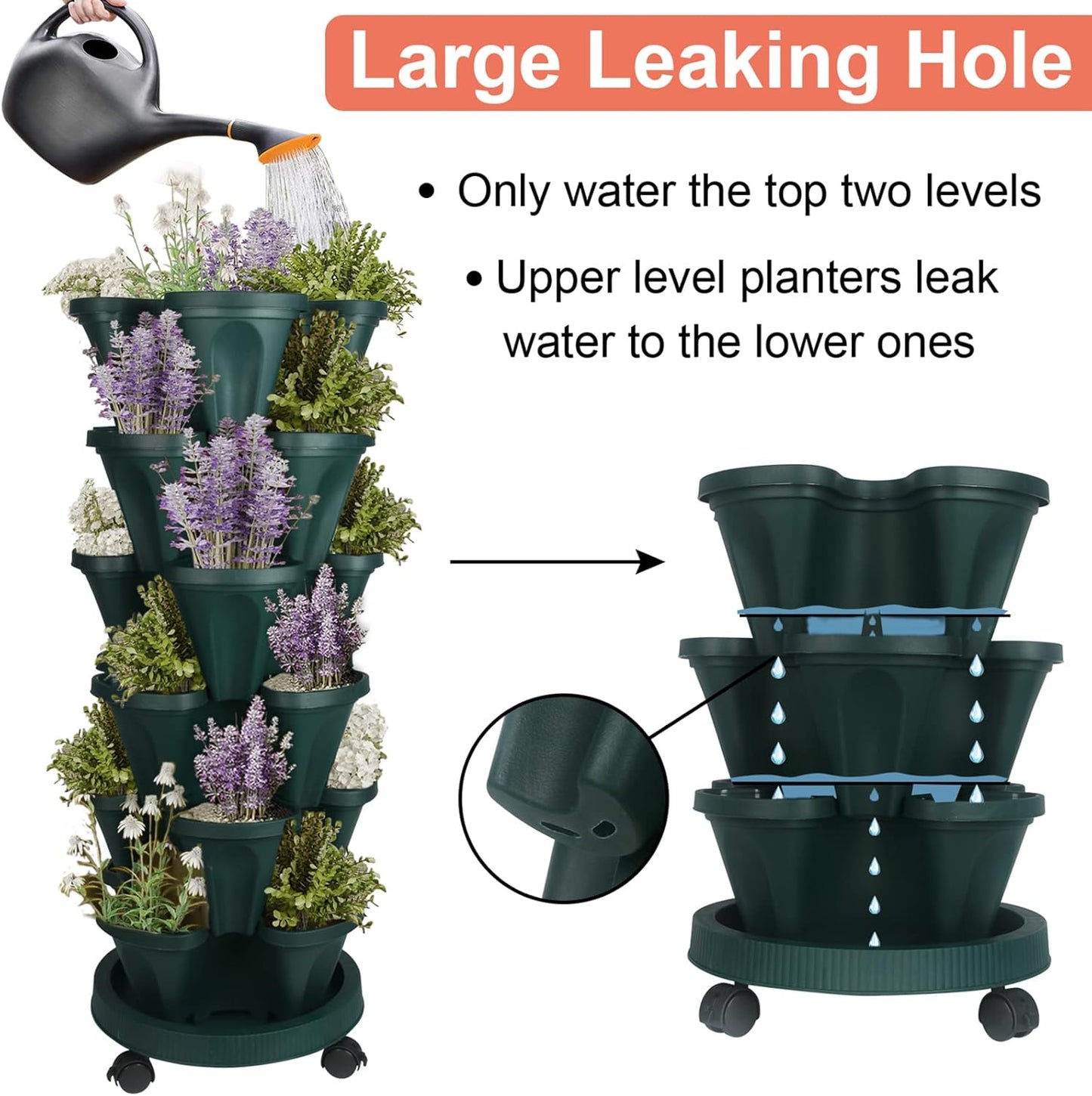 DUNCHATY Stackable Planter, Vertical Garden Planter with Wheels and Tools, Self Watering Strawberry Planter Indoor/Outdoor 4 Tier Herb Planter Pots for Growing Vegetables and Succulents,Pine Green