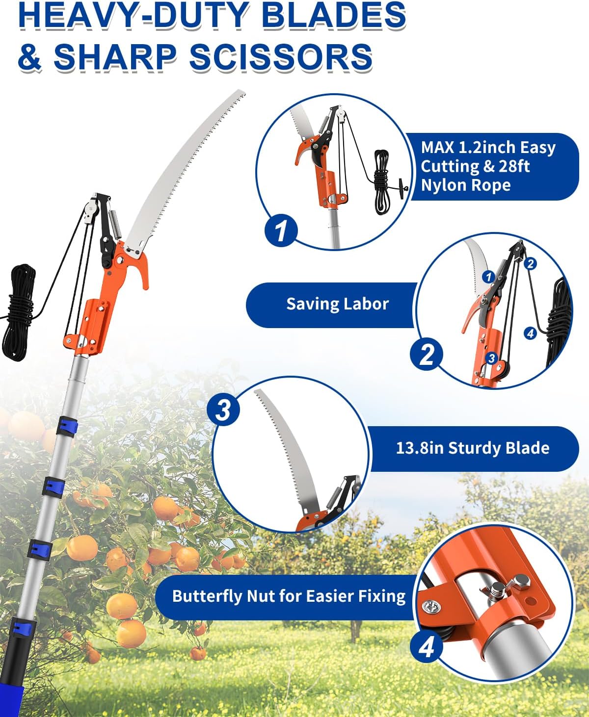 26FT Reach Pole Saw, Telescoping Tree Trimmer with 5-20FT Extension Pole, Sharp Steel Blade and Scissors, Fruit Picker, Extendable Long Handle Tree Pruner for Yard Garden Trees Palms Shrubs