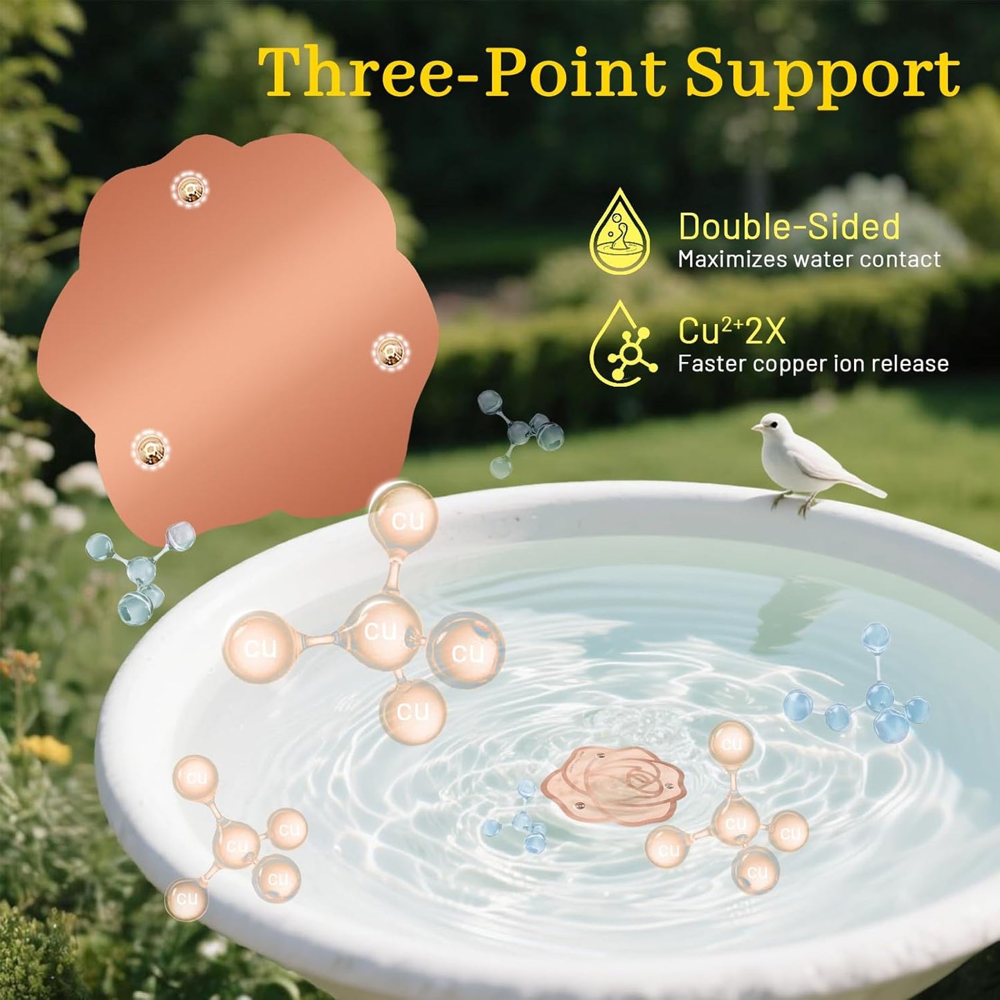 Bird Bath Copper Disk,Bird Bath Purification Disk 0.6mm Reinforced 99.99% Pure Copper Cleaning Disk with 3-Point Support,Fits Outdoor Birdbath & Bowl,Provide Safe Clean Water,Rose-2Pcs