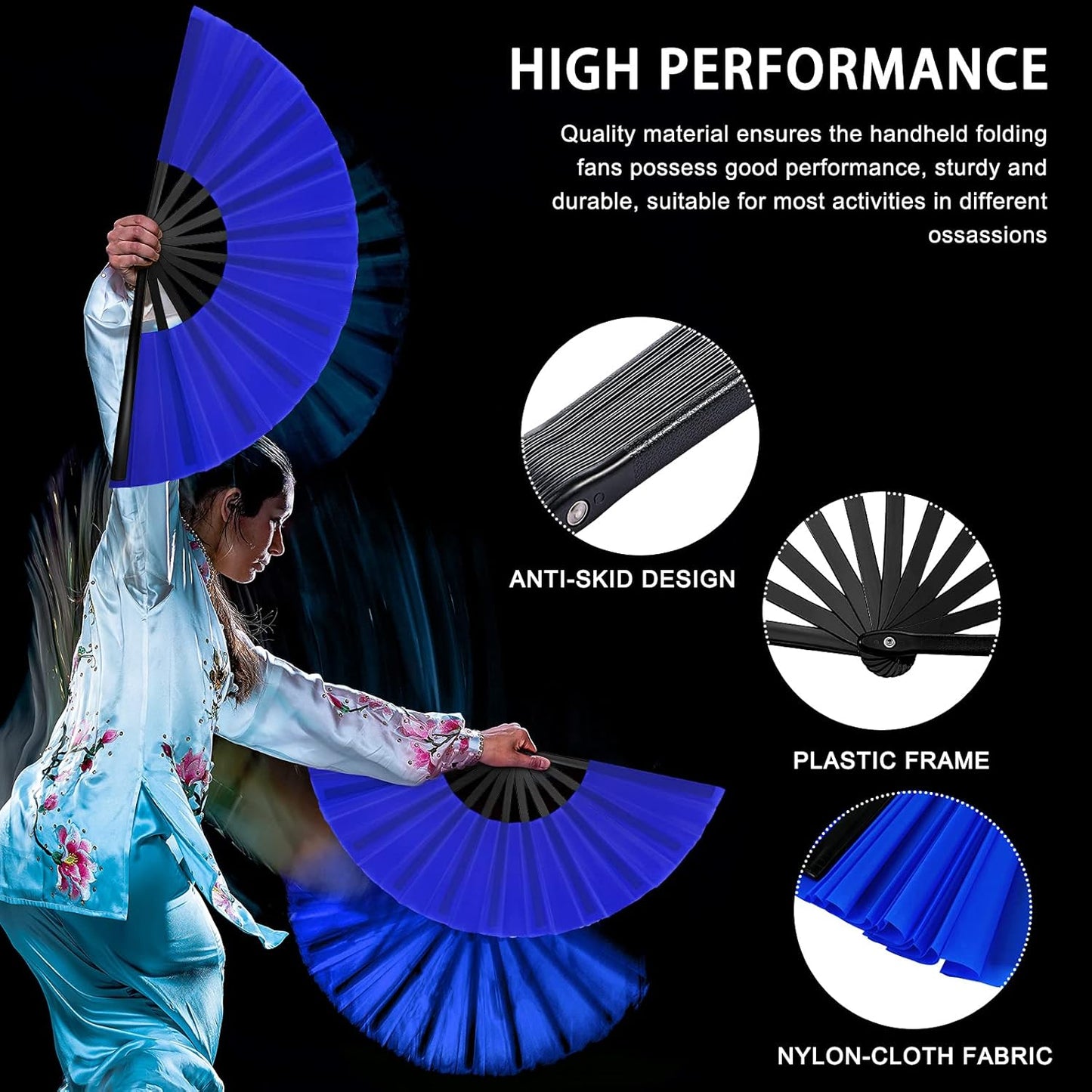 Blulu 4 Pcs 13 Inch Large Folding Hand Fans for Line Dancing Big Clapping Popping Raves Fans Bulk for Dancing Boots on The Ground Festival Party Decoration(Classic Style, Black, Blue, Red, White)