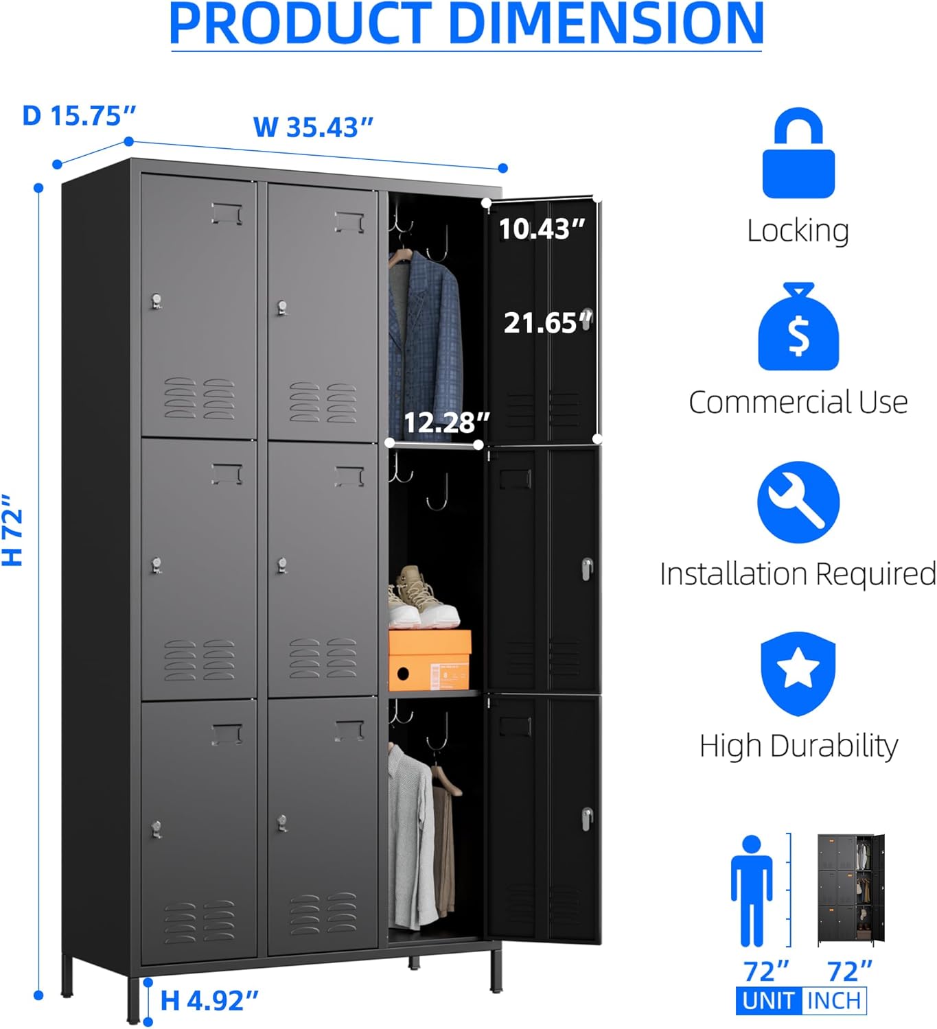 9 Doors Metal Storage Lockers for Employees with 27 Hooks,72" H Employee Lockers with Business Card Holder for Offices School Gyms Home,Assembly Required,Black