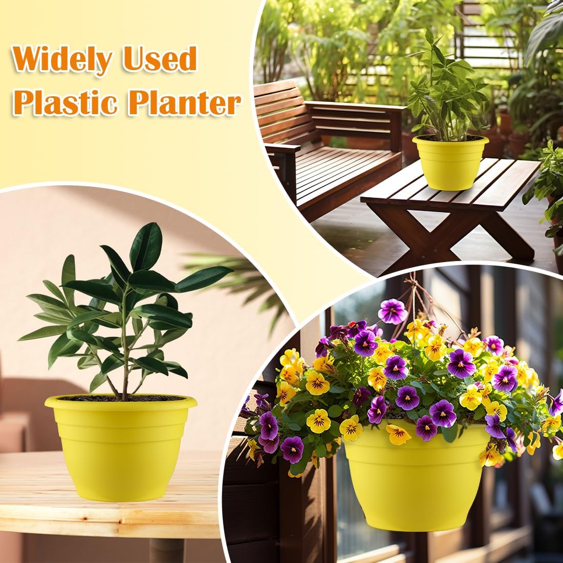 3 Pack 11 Inch Plant Pots with Drainage Hole and Plug, Durable Plastic Flower Pots for Indoor & Outdoor Plants, Elegant Mordern Plant Pots Perfect for Herbs, Flowers & Succulents, Yellow