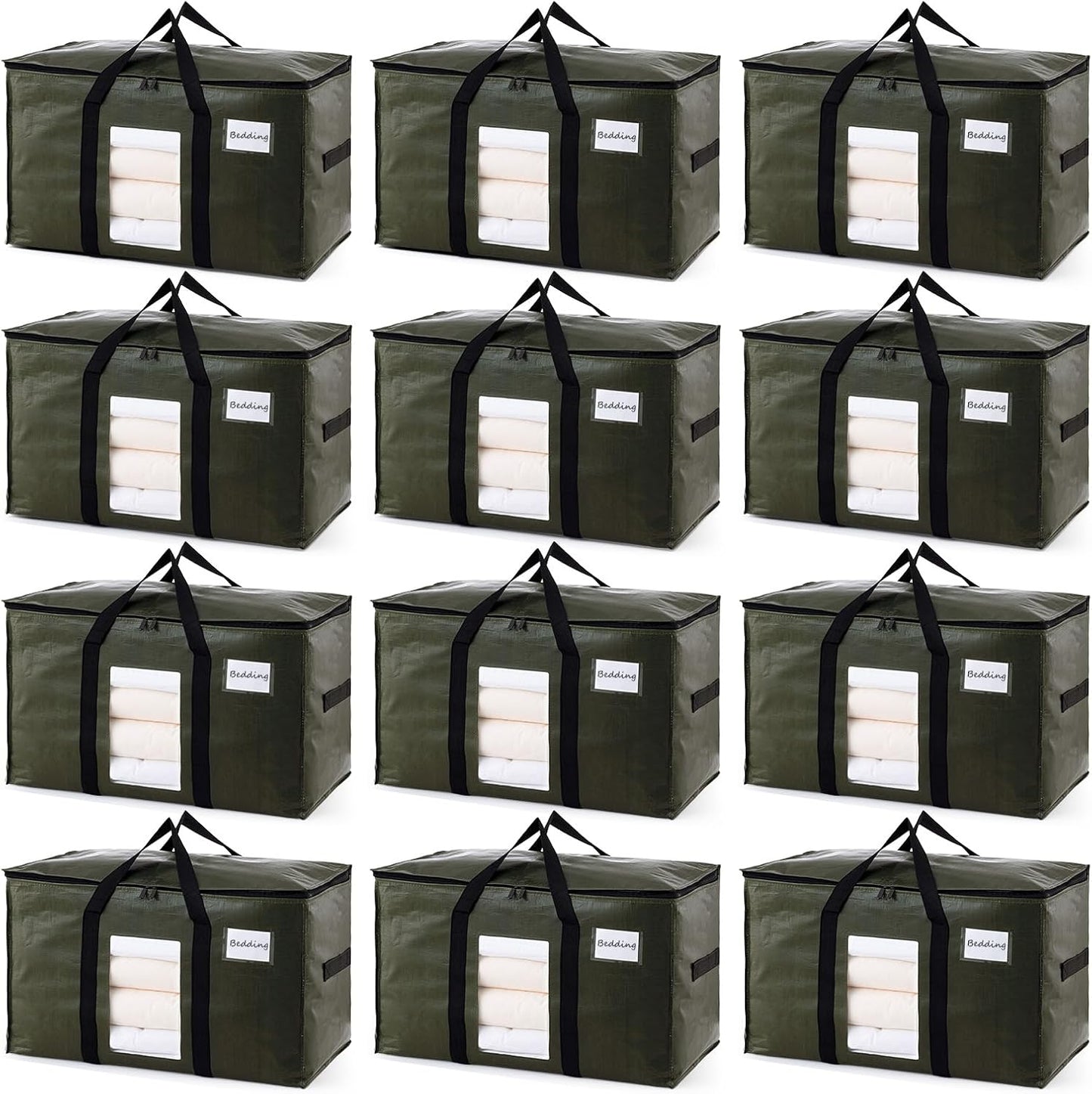 TAILI 12 Pack Green Extra Large Storage Bags, Heavy Duty Totes with Visible Window, Wrap Around Handles, Perfect for Moving and Storage