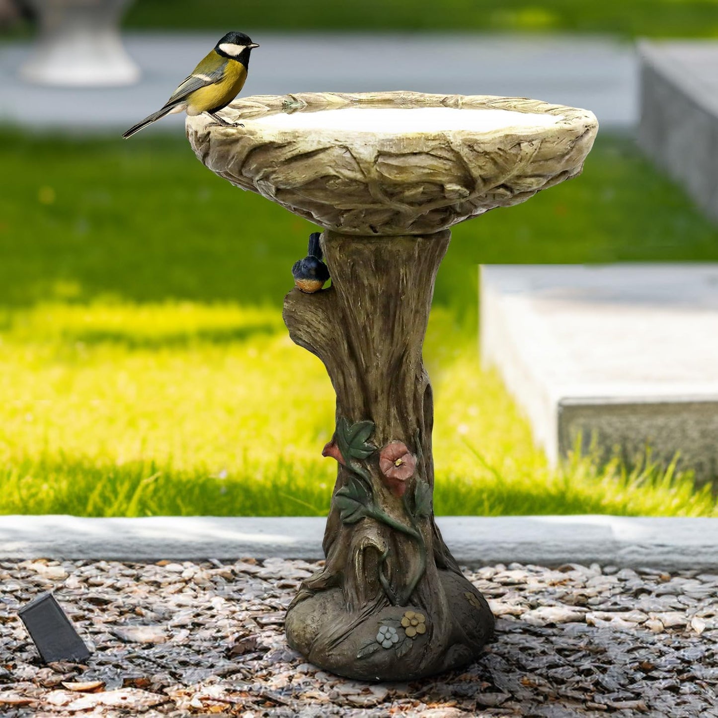 25.5" H Concrete Tree Shape Bird Bath with Decorative Faux Bird – 25.5" H * 17.7" Φ Rustic Design Birdbath, Enhances Garden, Patio, Yard, Lawn Décor