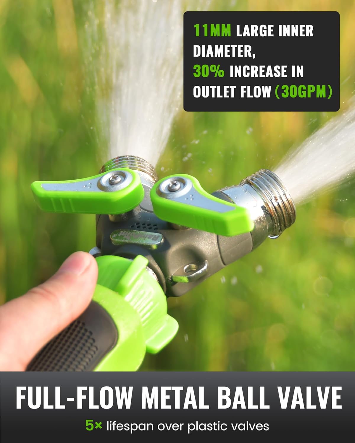 RAINPOINT Garden Hose Splitter, 2 Way Heavy Duty Water Hose Y Spigot Splitter with Shutoff Valves, 100% Metal Body Outdoor Faucet Splitter, 1.9" Extra Long Metal Handle, 3/4" GHT Thread (1, Green)