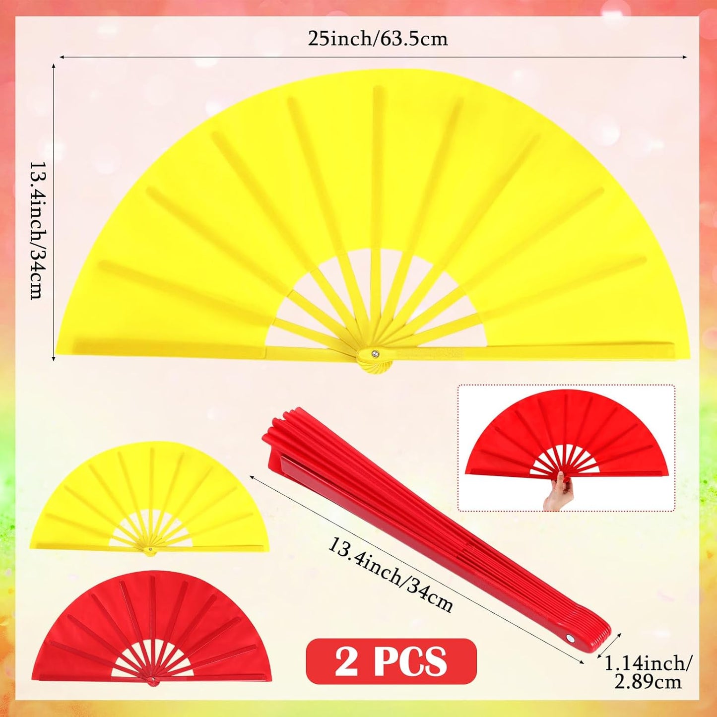 Maitys 2 Packs Large Clap Fans for Line Dancing Large Chinese Folding Hand Fans for Men and Women, Festival, Tai Ji, Kungfu, Martial Art, Gifts (Red and Yellow)