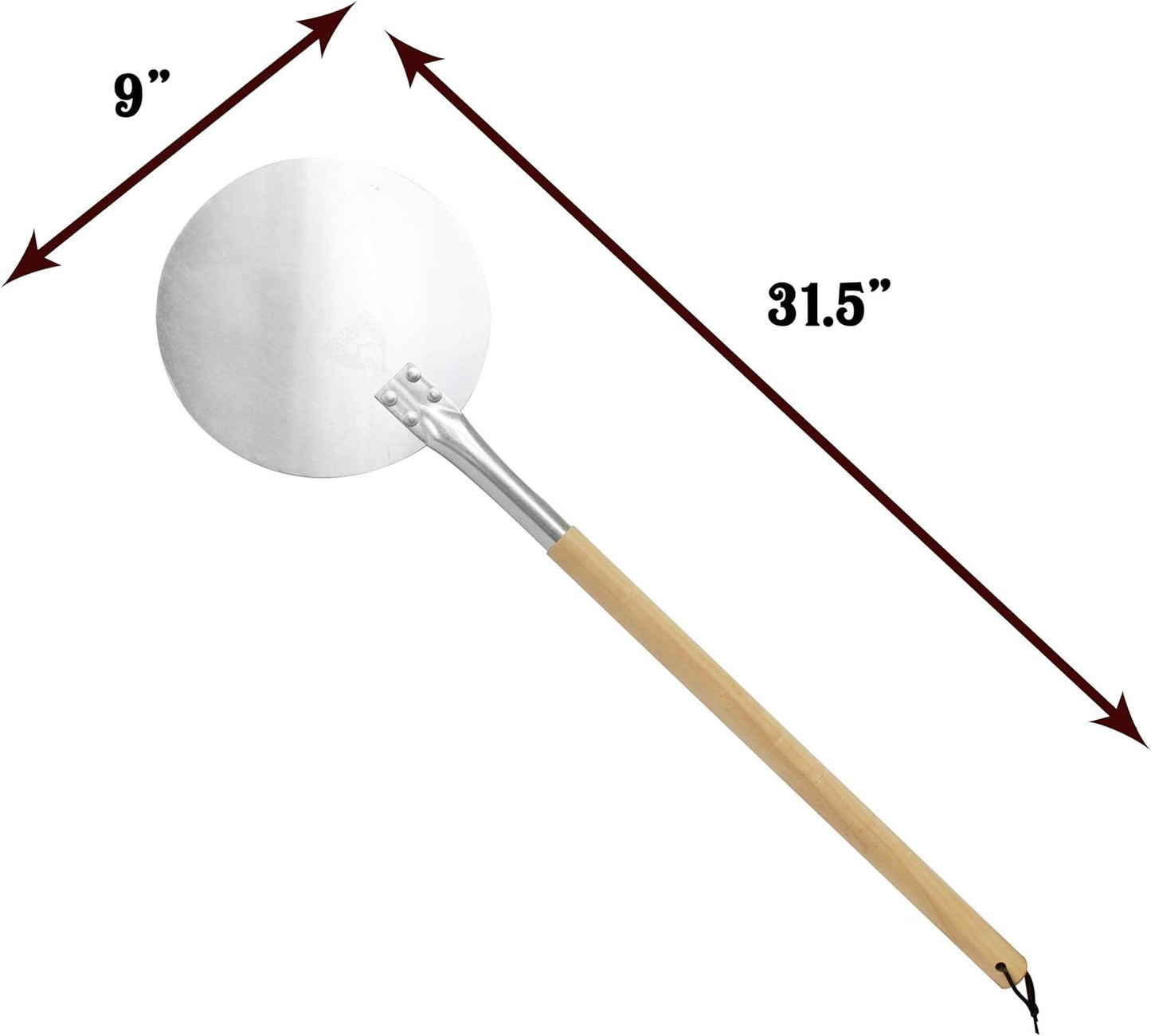 Pizza Turning Peel PRO - 9" Diameter- 31.5" Detachable Wooden Handle with Leather Strap, Premium Hard Aluminum, Perfect for Professional & Home Use, Ideal Bakeware, Oven Accessory