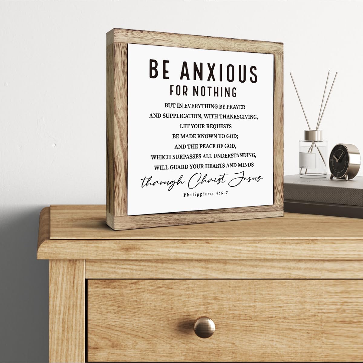 Scripture Sign - Be Anxious for Nothing, Wooden Plaque, Christian & Spiritual Decor, Desk & Calm Corner Art, Inspirational Gift, Philippians 4:6-7