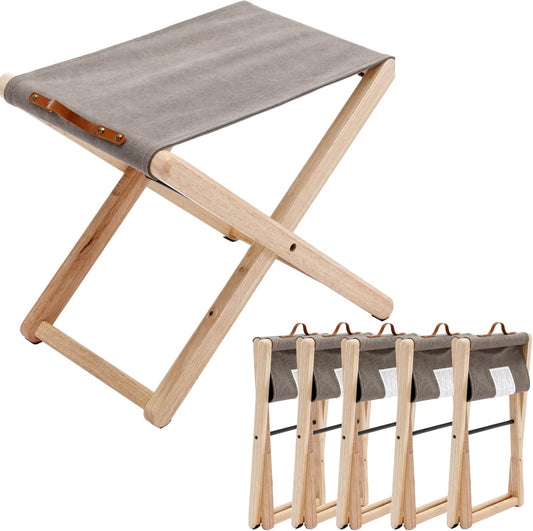 Folding Canvas Camp Stools Set of 6, Wood Folding Camping Stool Patio Portable Foot Stool for Garden Outdoor Fishing Picnic Travel BBQ, Grey