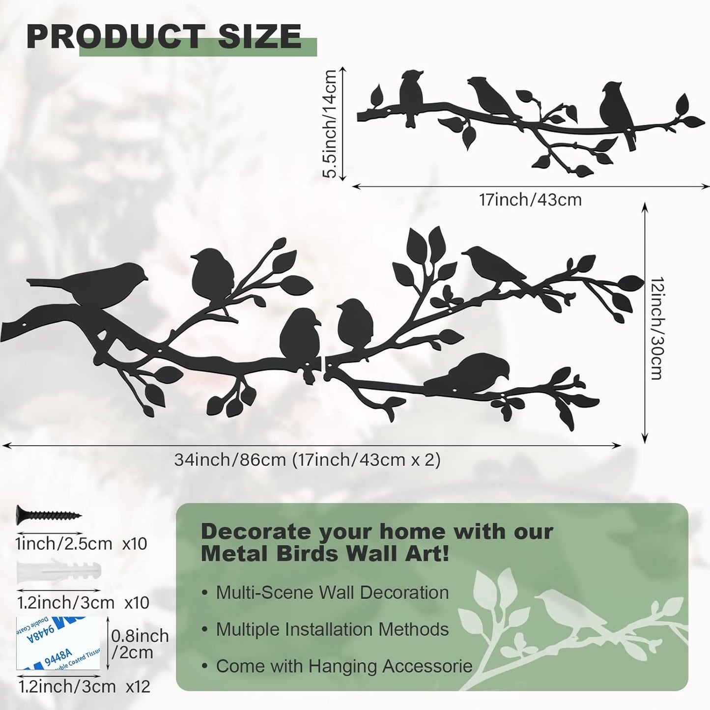 ULENDIS 3Pcs Large Metal Birds Wall Art, Bird on Branch Metal Birds Wall Decor Leaves with Bird Silhouette Sculpture, Ornament Branch Wall Hanging Sign for Balcony Garden Indoor Outdoor Decor