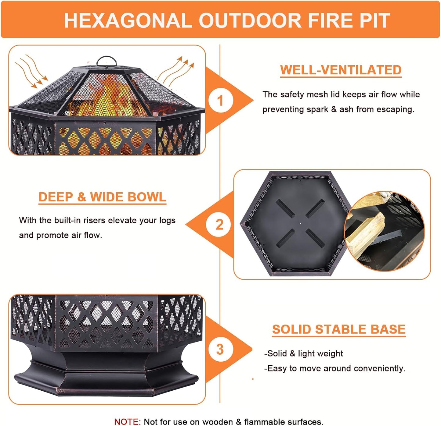 33 Inch Outdoor Fire Pit, Hexagon Shaped Wood Burning Firepit for Outside Bonfire, Patio, Backyard and Camping (Antique Bronze)