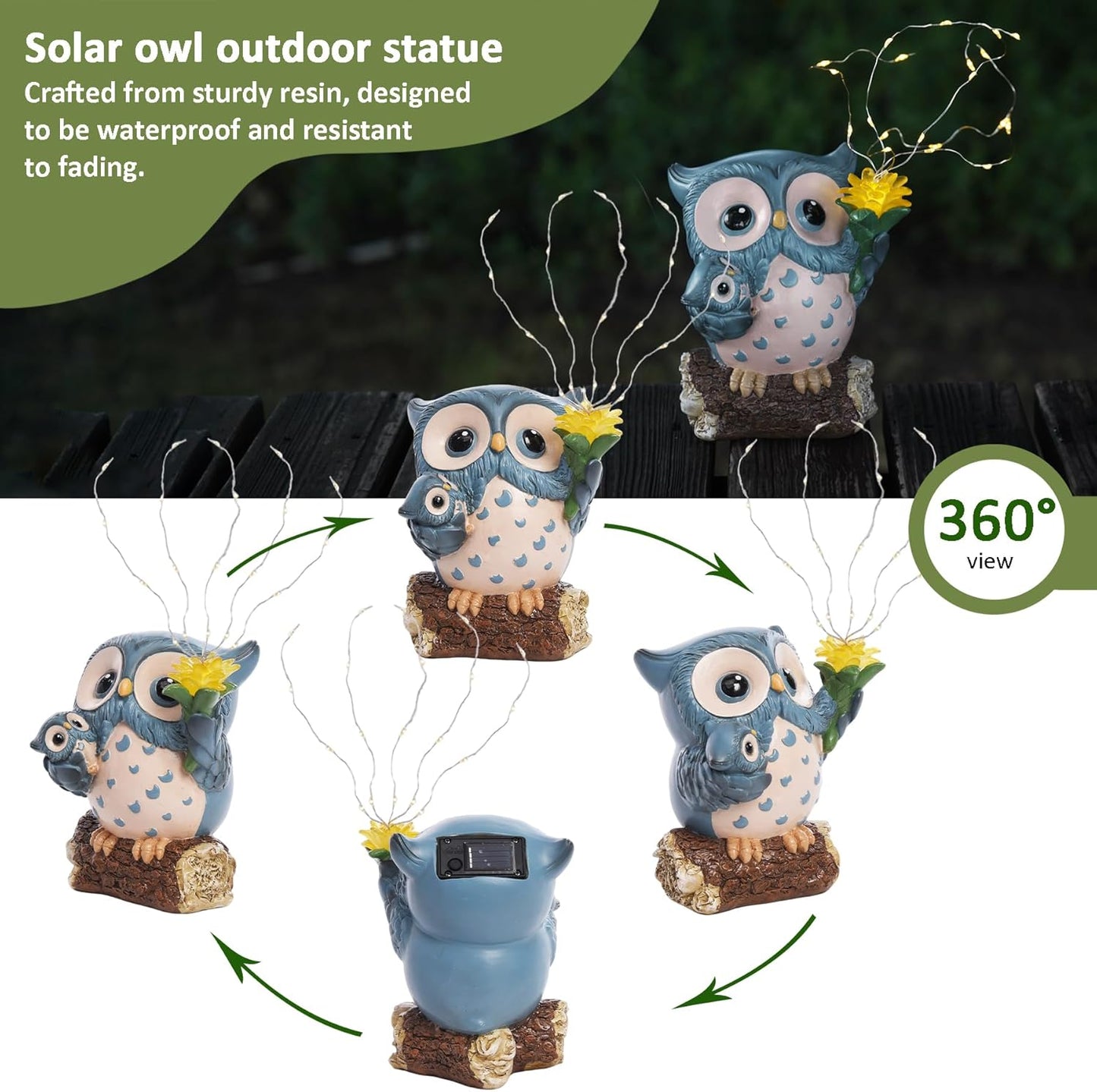 Solar Garden Statues Outdoor Decor, Fairy Owl Statue Garden Decor, Resin Yard Decorations Outdoor for Patio, Porch, Balcony, Lawn Ornaments, House Warming Birthday Gifts for Mom Women Grandma