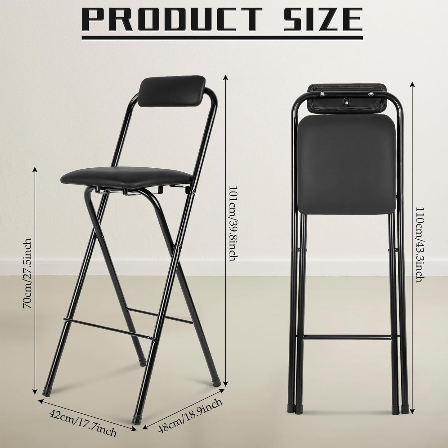 Thyle 2 Pcs Folding Bar Stool with Backrest, Tall Foldable Stool Chair Portable High Folding Bar Chair Counter Height Seat Leather Padded for Kitchen Island Shop Cafe Dining Room Black (27.5 Inch)