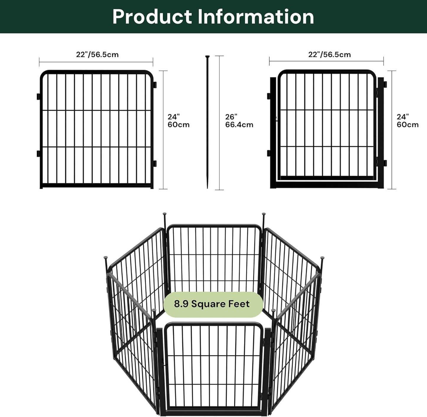 Decorative Garden Fence with Gate 24 in(H) x 11.1 ft(L) 6 Panels, Heavy Duty Metal Animal Barrier Fence for Yard, Flower Bed Fencing, Garden Border Fence, Easy Set Up, Black