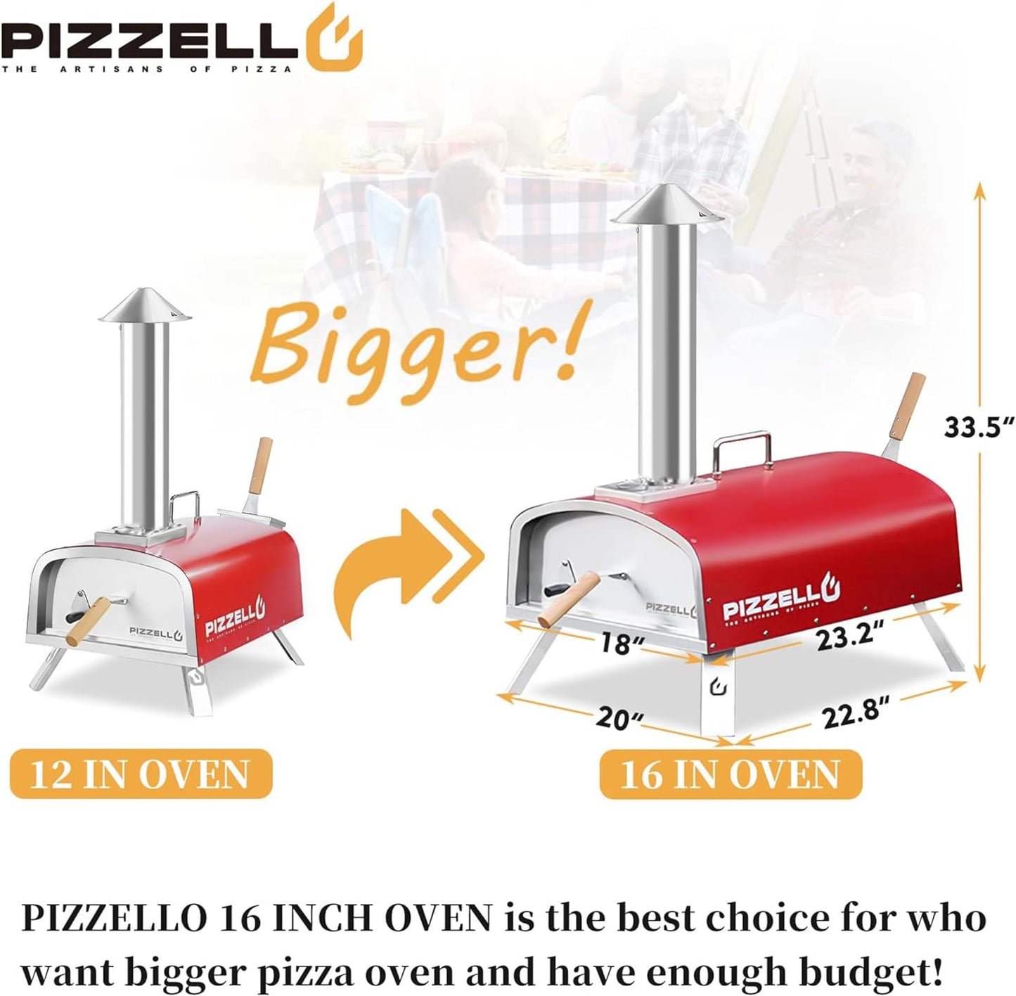 Outdoor Wood Fired Pellet Pizza Oven - 16" Stainless Steel with Carry Bag, Pizza Stone, Cutter, Peel - Red