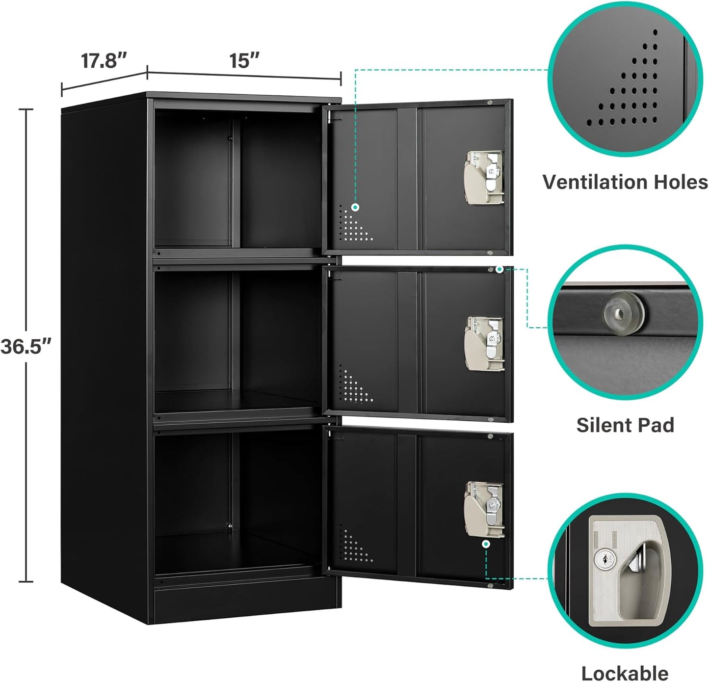 SISESOL 3 Door Metal Locker Storage Cabinet with Doors and Shelves,Black Metal Lockers with,Lockable Locker Storage Cabinet for Employees,School, Office, Home, Gym,17.8" D x 15" W x 36.5" H