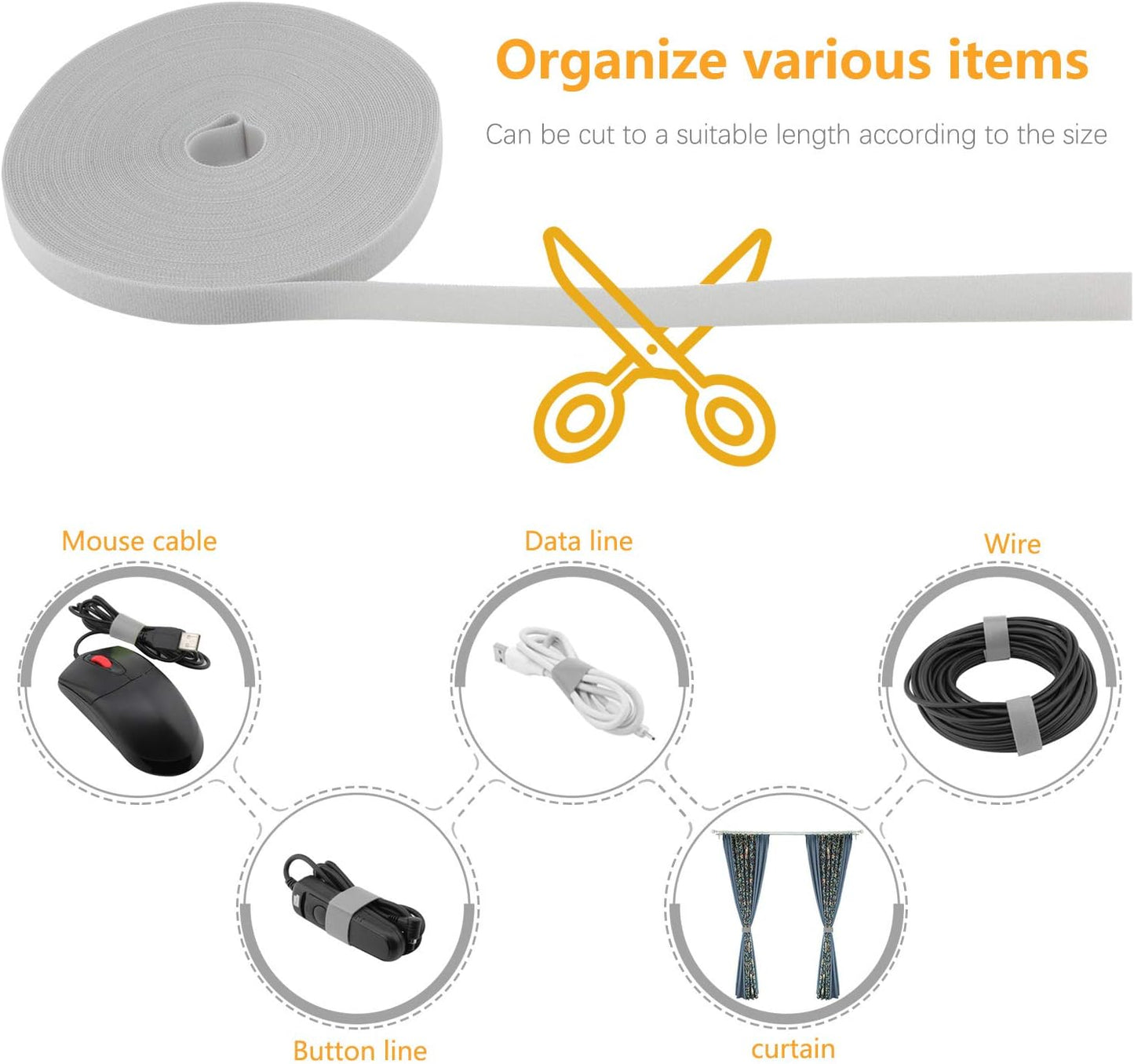 Reusable Fastening Tape Cable Ties 3/4 Inch Double Side Hook Roll (25 Yard, Grey)