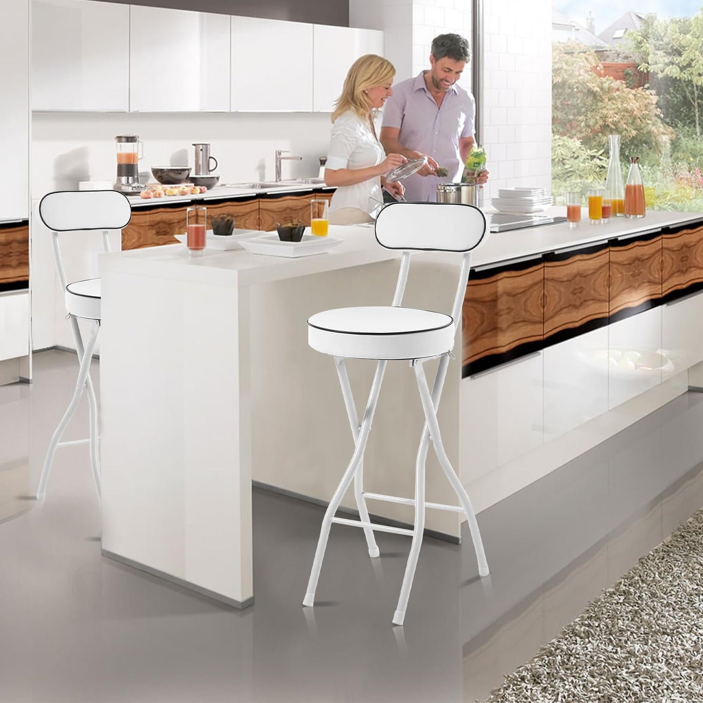 UWEAR Folding Bar Stool with Back,Tall Foldable Stool Leather Padded Portable Stools Counter Height Foldable Stools Chairs,Collapsible Stool for Adults Kitchen Island Guitar Barstools(2 PCS White)