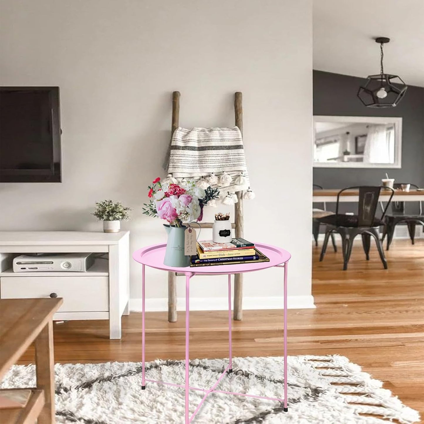 Garden 4 you End Table Outdoor Side Table, Small Patio Table Metal Side Table, Round Folding Side Table, for Outdoor and Living Room,Pink