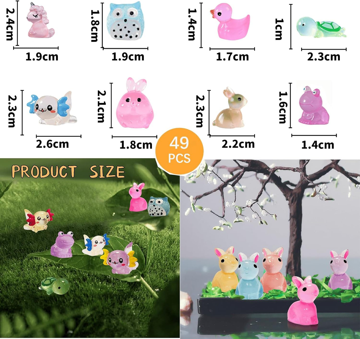 49PCS Tiny Resin Bulk Animals Miniature Figures Ornament Luminous Transparent Multicolor Dollhouse Decor Accessorie for Garden Aquarium Potted Ornament