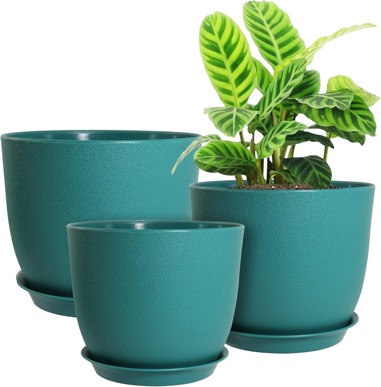 Modern Plant Pots Set, 9/8/7.5 inch Plastic Planters for Indoor Plants, Stylish Flower Pots with Drainage Holes and Saucers for House Plants and Flowers, Blue