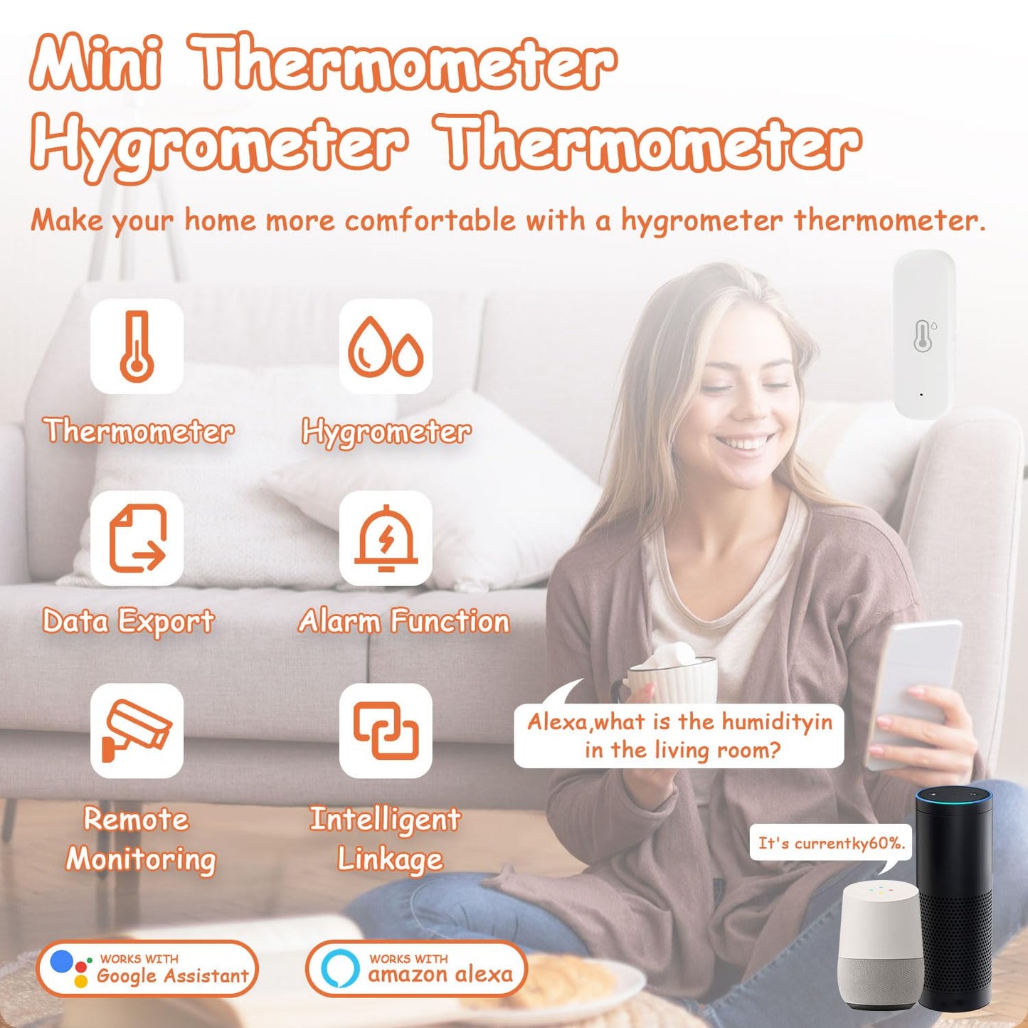 WiFi Hygrometer Thermometer Sensor, Indoor Outdoor Wireless Temperature Humidity Sensor, with Remote Monitor and Alert Compatible with Alexa(1 Pack)