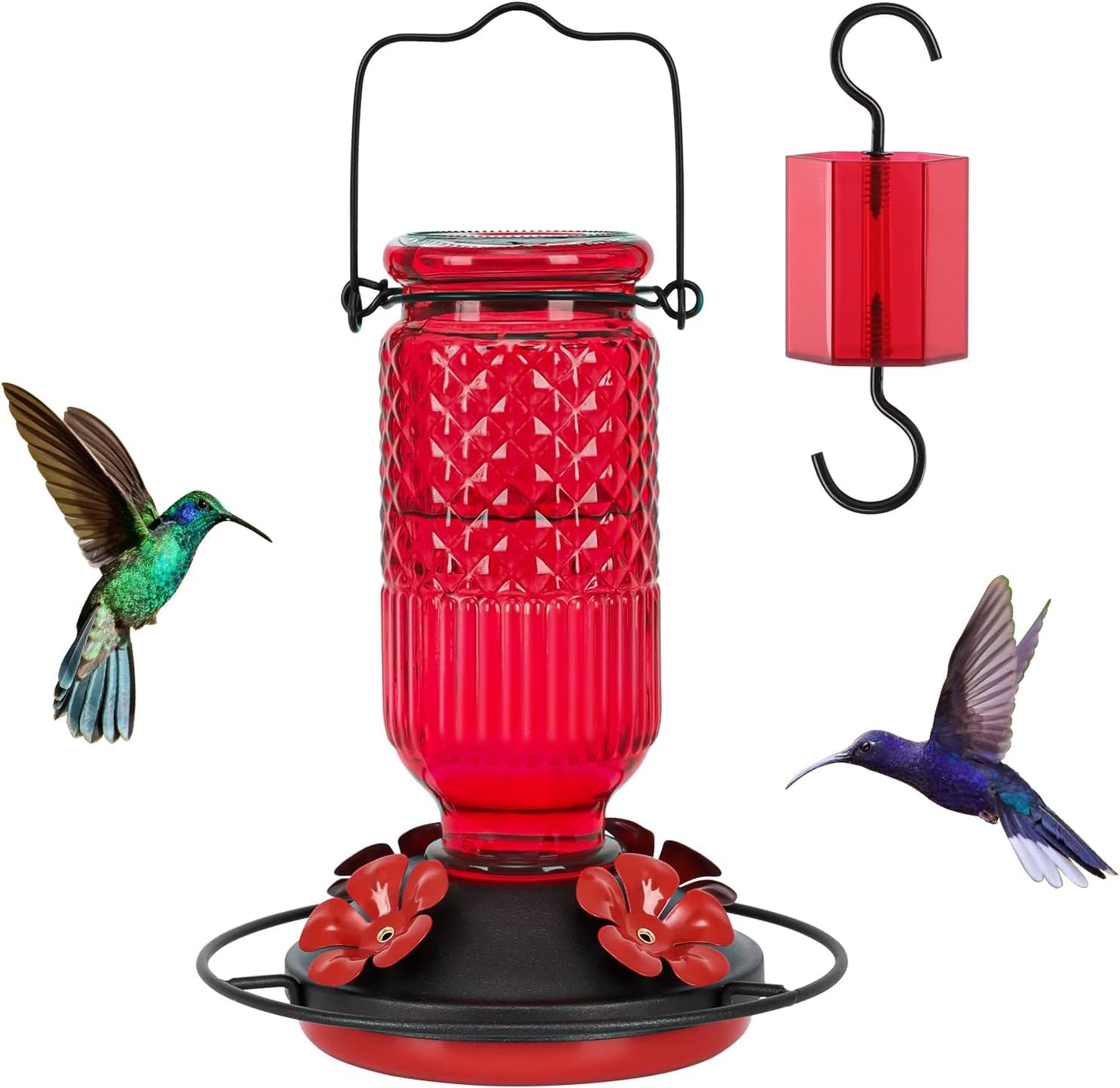 FEED GARDEN Glass Hummingbird Feeder for Outdoors Hanging, 16 OZ Humming Birds Feeders with 4 Bee Guard Feeding Ports & Built-in Ant Moat, Bird Feeder for Outside, Gifts for Women Mom, Red