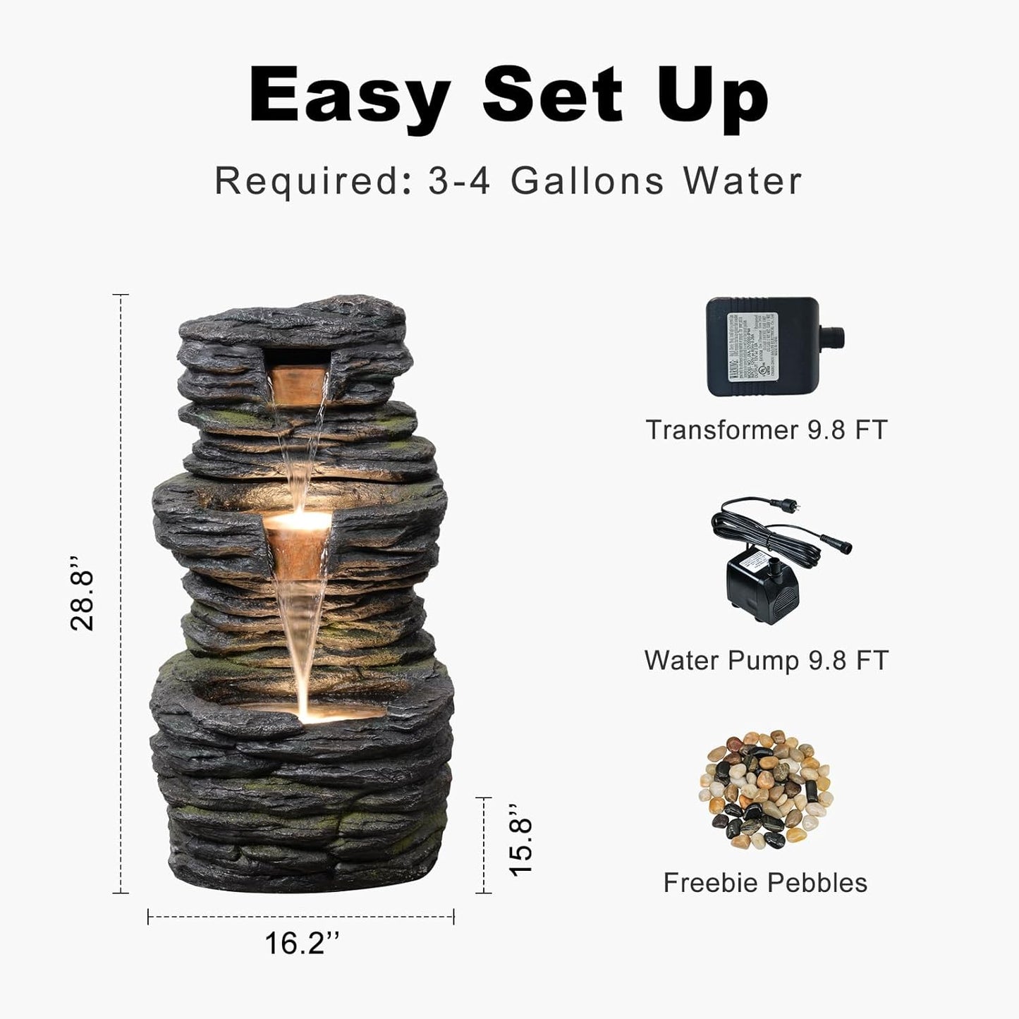 28.8” Tall Rock Water Fountain Outdoor Garden, 3-Tiers Cascading Rock Natural Waterfall Fountains with LED Lights, Indoor Resin Water Feature Fountain for Patio, Garden and Backyard, Deck, Porch, Home