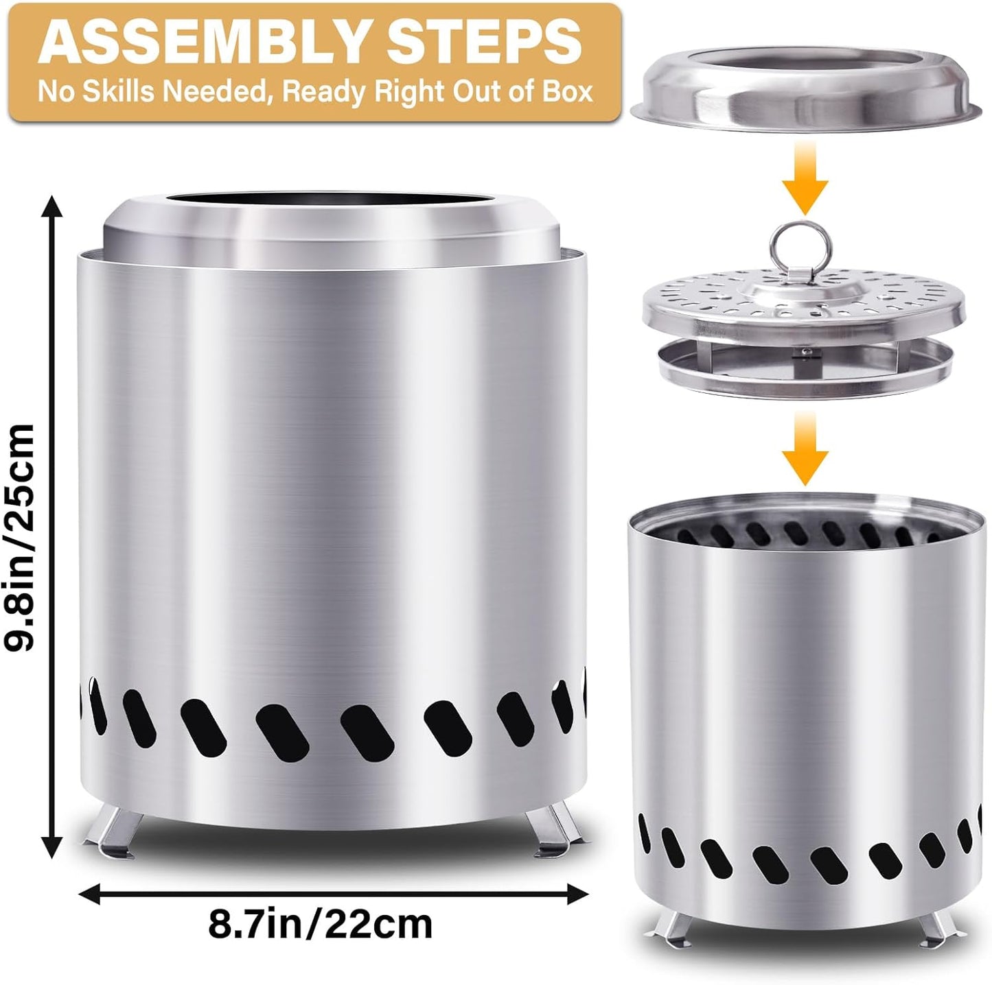 HGD 9.8 x 8.7 in Small Tabletop Fire Pit, Portable Mini Smokeless Table Top Firepit, Low Smoke Camping Stove for Outdoor & Patio, Fueled by Pellets or Wood, with Travel Bag, Stainless Steel, Silver