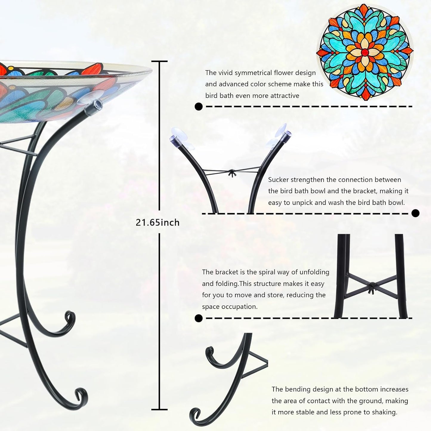 MUMTOP Bird Bath-Bird Baths for Outdoors - Glass Large Bird Bath Bowl with Metal Stand, Symmetrical Patterns Bird Feeders for Outside and Garden, Patio,Lawn Decor