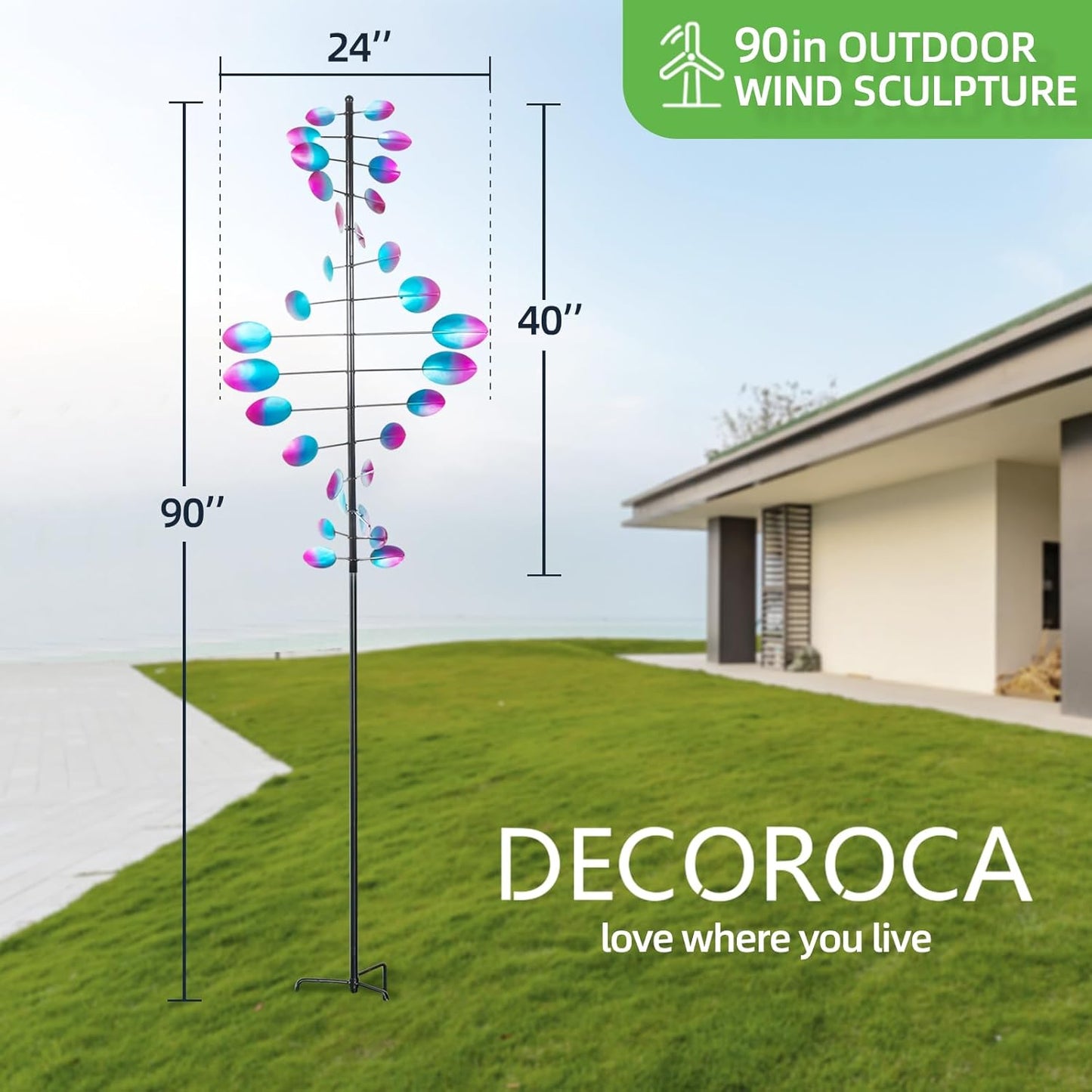 Decoroca 360° Outdoor Wind Sculpture, 90in Kinetic Wind Spinner with Metal Stake, Large Yard Art Decor for Patio, Lawn & Garden(90" H x 24" W)