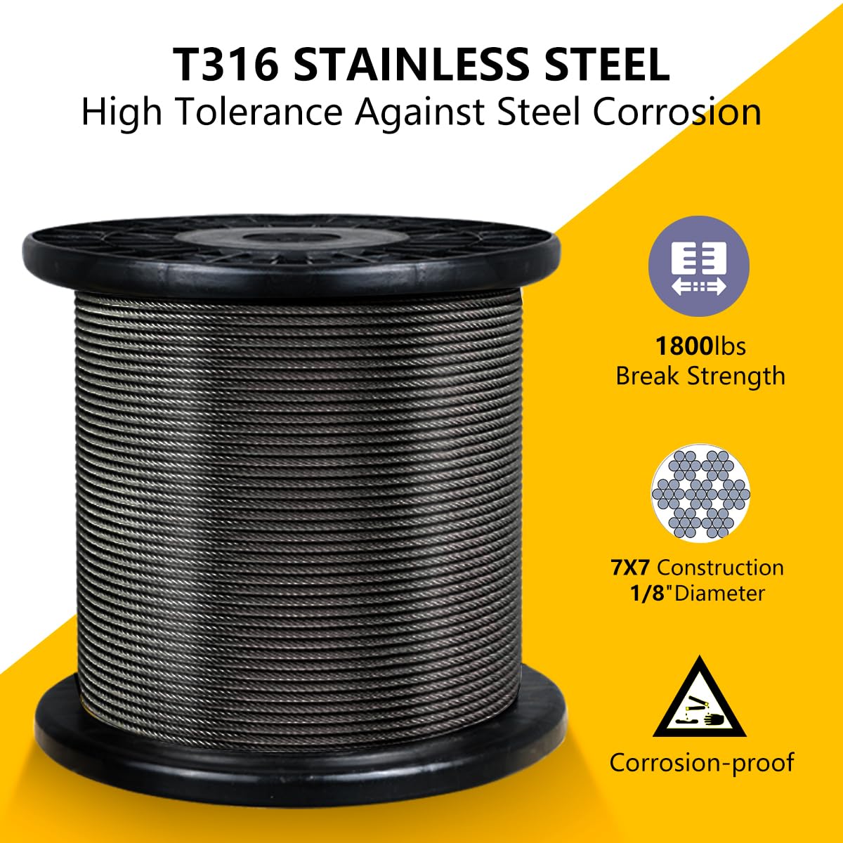 Black 400FT 1/8" T316 Stainless Steel Cable with Cutter, 7x7 Strands Aircraft Wire Rope for Deck Railing, Stair Handrail, Porch Fence, High Strength for Indoor and Outdoor Use
