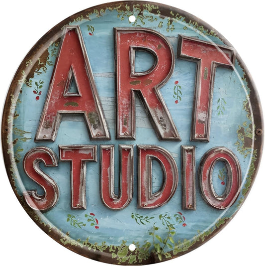 Rustic Art Studio Metal Tin Sign 8x8 In Vintage Round Wall Decor with Blue & Red for Office Bar Cafe Garage Bathroom Bedroom Decor
