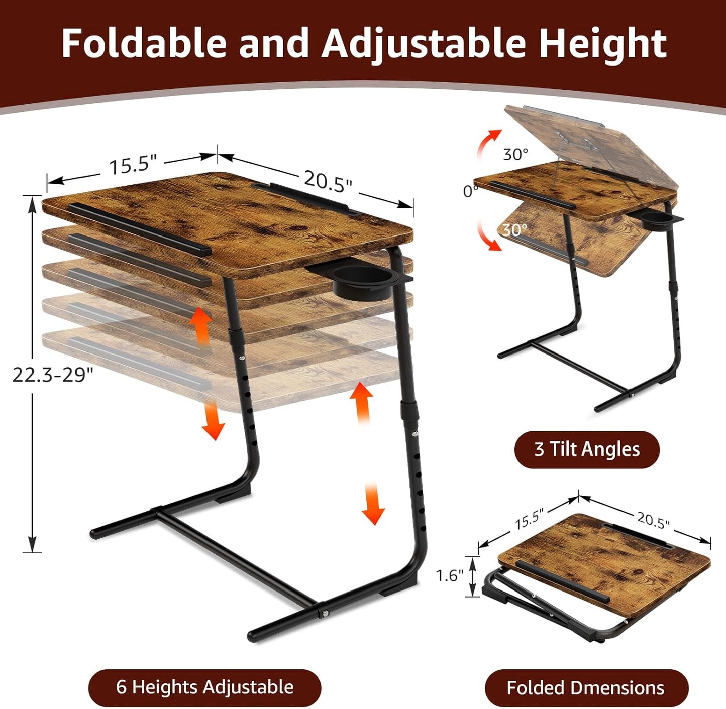 Folding TV Tray Adjustable Dinner - Trays for Eating On Couch Wooden Tables Mate Stand Foldable Desk with Cup Holder Portable