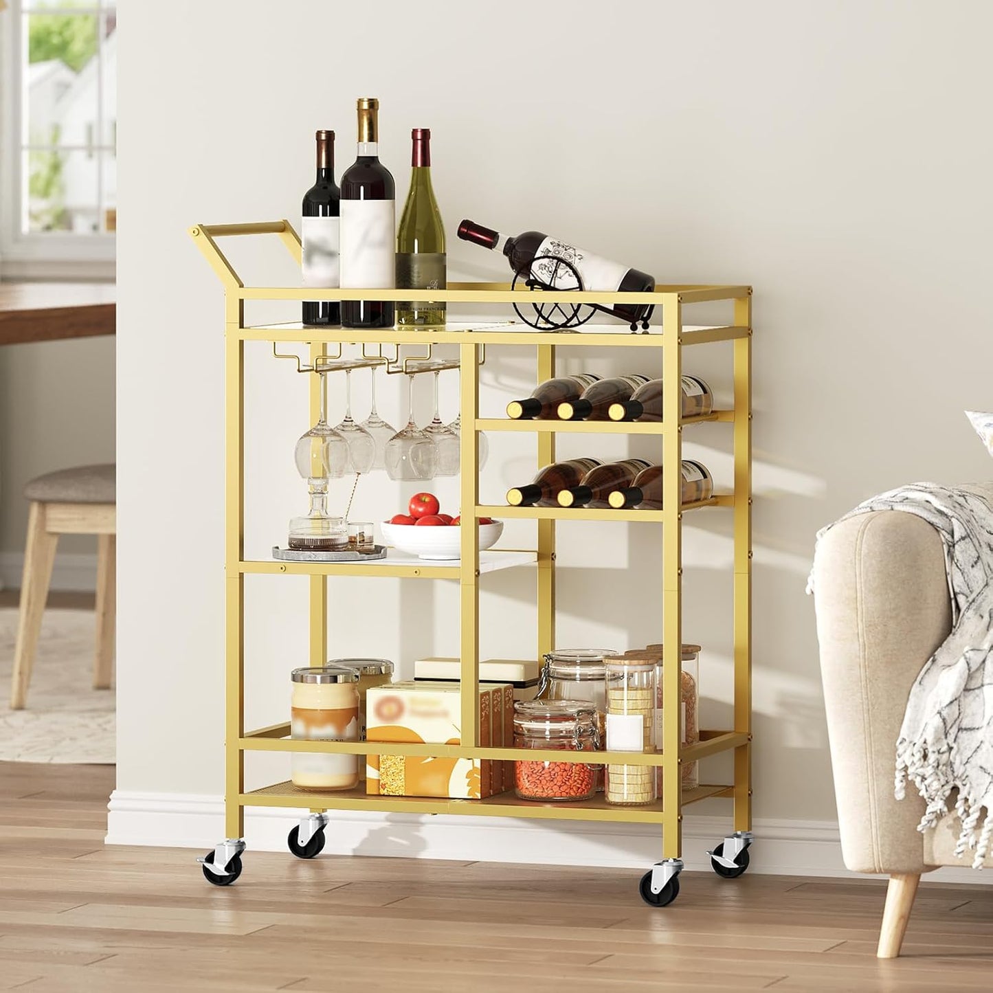 Bar Cart for Home, 3-Tier Serving Cart with Glass Top, Beverage Cart with Wine Rack and Glass Holder, Drink Cart with Wheels, for Dining Room, Living Room, Gold and White RCJM71B01