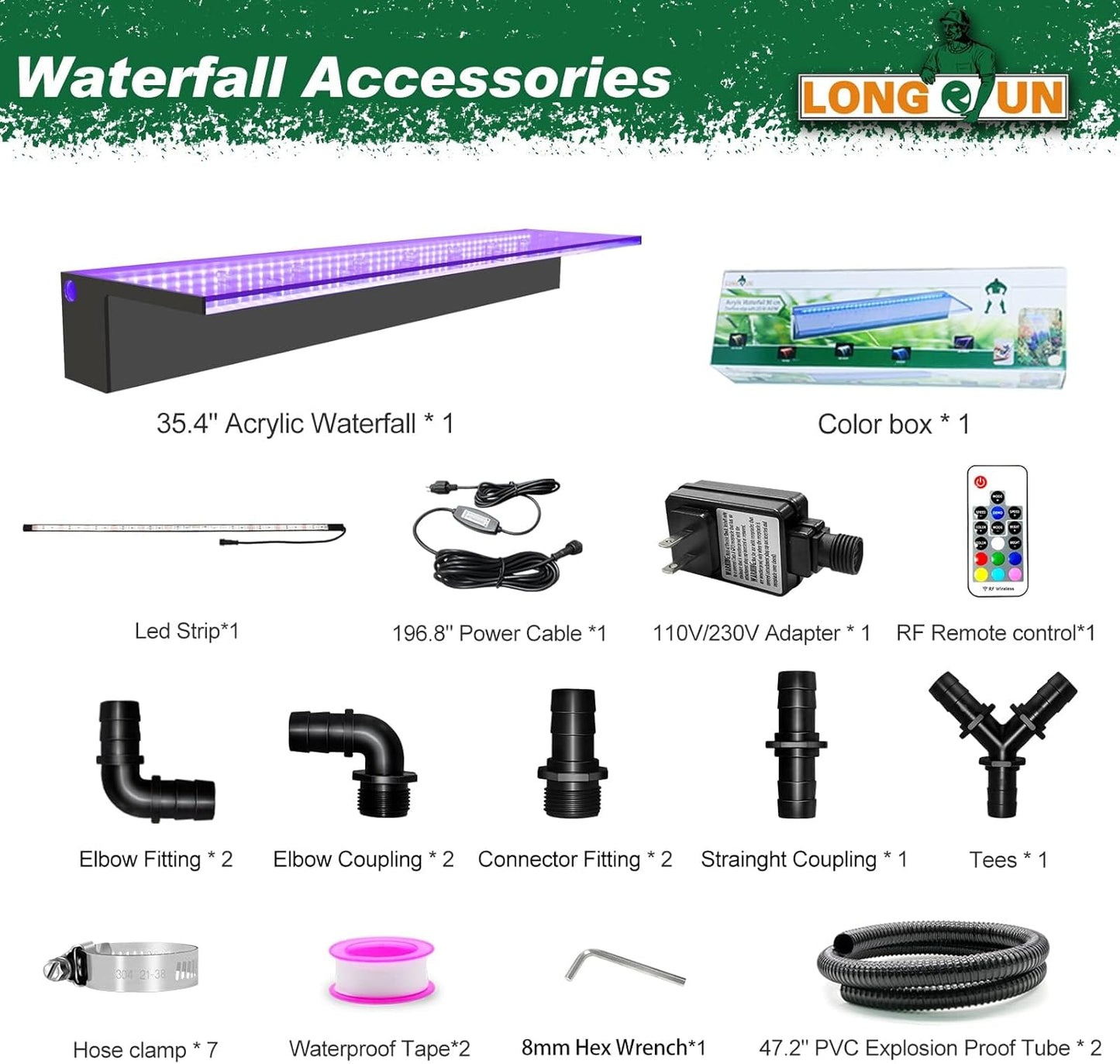 LONGRUN Acrylic Waterfall Spillway Multi-Color LED Light Pool Fountain, Water Spillway Outdoor Koi Pond Waterfalls Fountains Kit for Garden Koi Ponds Patio Swimming Pool Decoration-35.4"