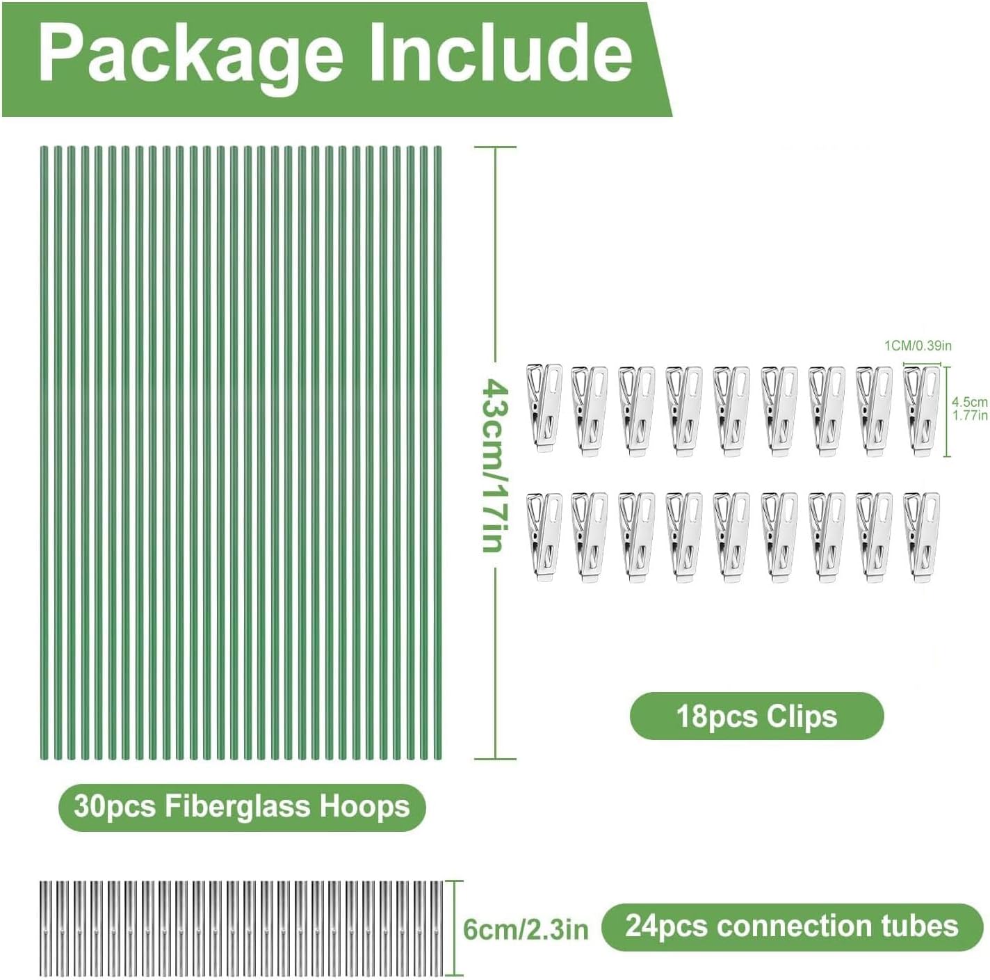 Garden Hoops 7ft Grow Tunnel, 30pcs Greenhouse Support Hoops Rust-Free Frame for Garden Netting Raised Beds Row Cover Fabric, 6 Set DIY Fiberglass for 3 & 4 Ft Wide, 18pcs Clips