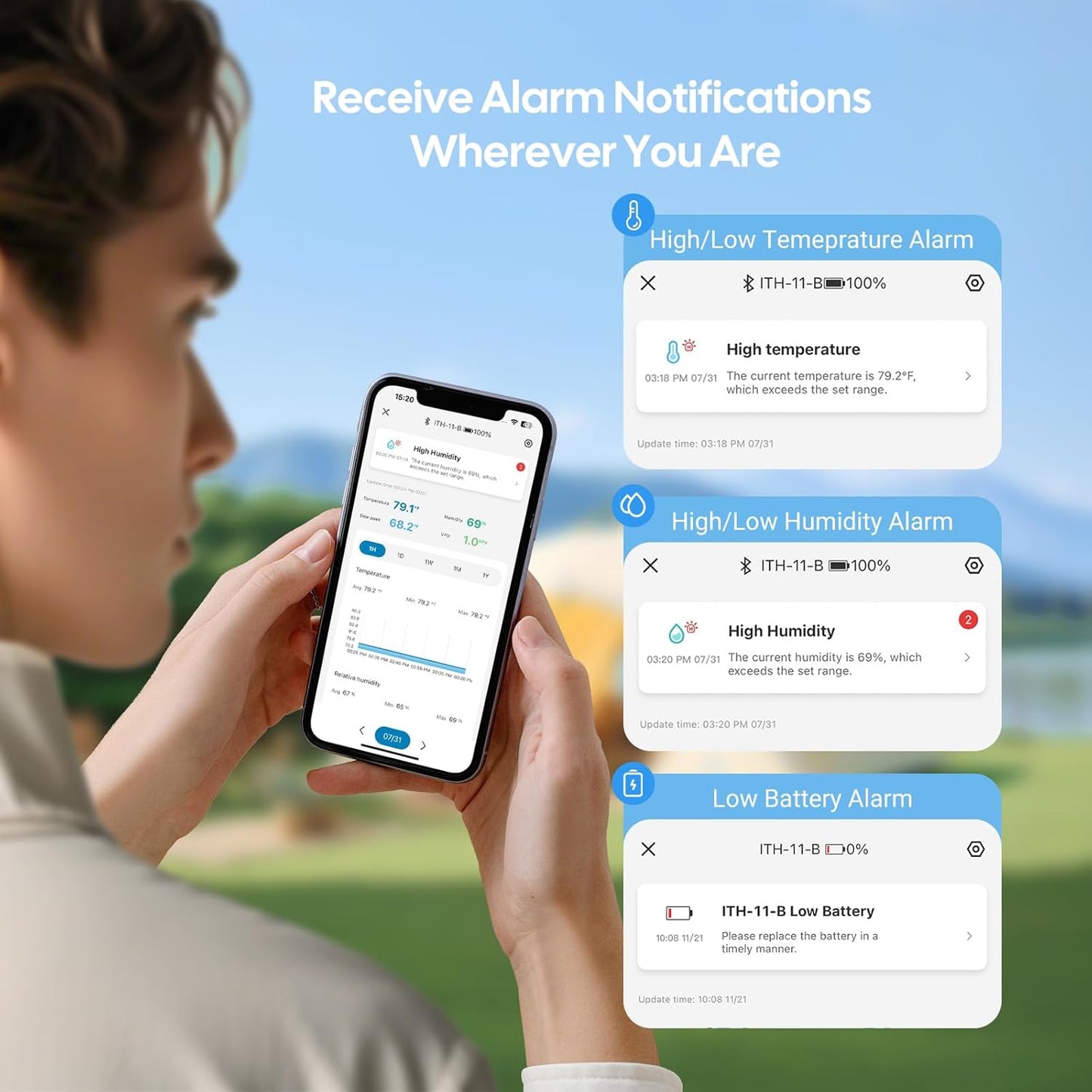 WiFi Hygrometer Thermometer with Swiss Sensor 3 Pack, Bluetooth 5.0 Dual Mode, 300-Day Data Storage, 9-Month Battery, IP65 Waterproof for Home, Greenhouse, Reptile Tank